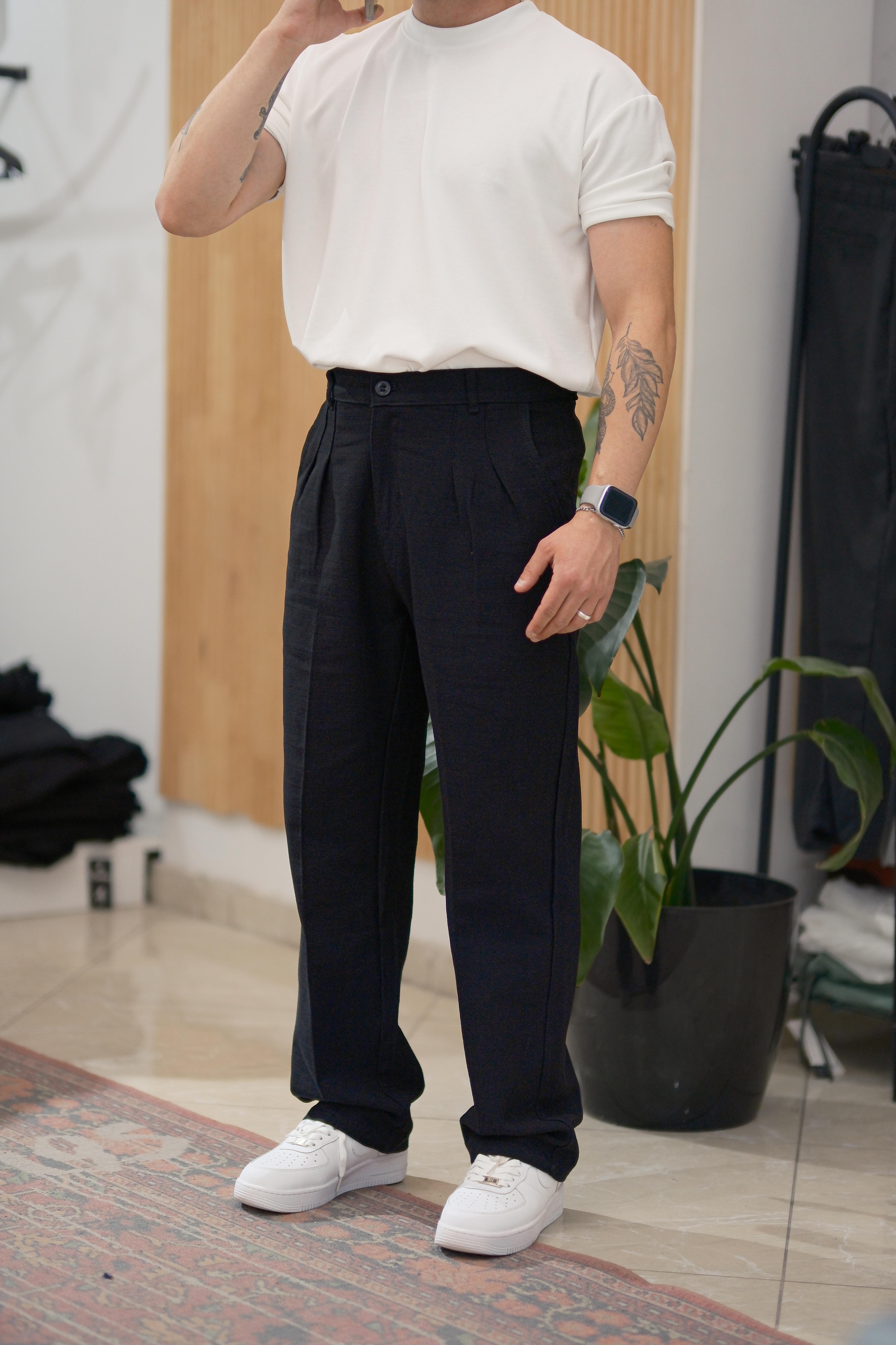 Siyah Baggy Keten Pantolon 