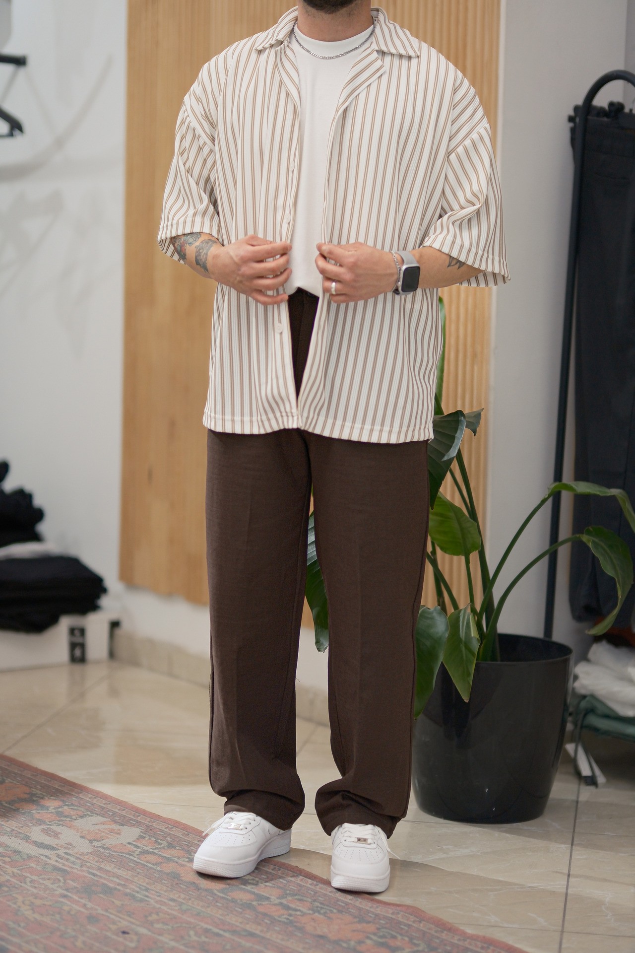 Bej/Beyaz Çizgili Extra Oversize Old Money Fitilli Gömlek