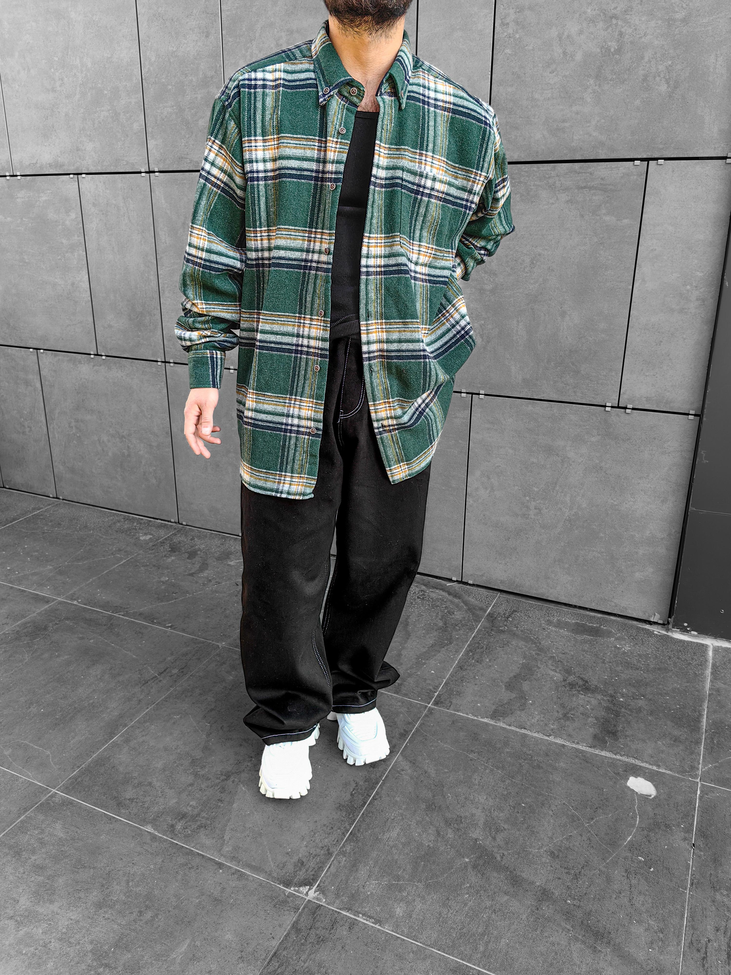 Yeşil Vintage Desenli Oversize Oduncu Gömleği