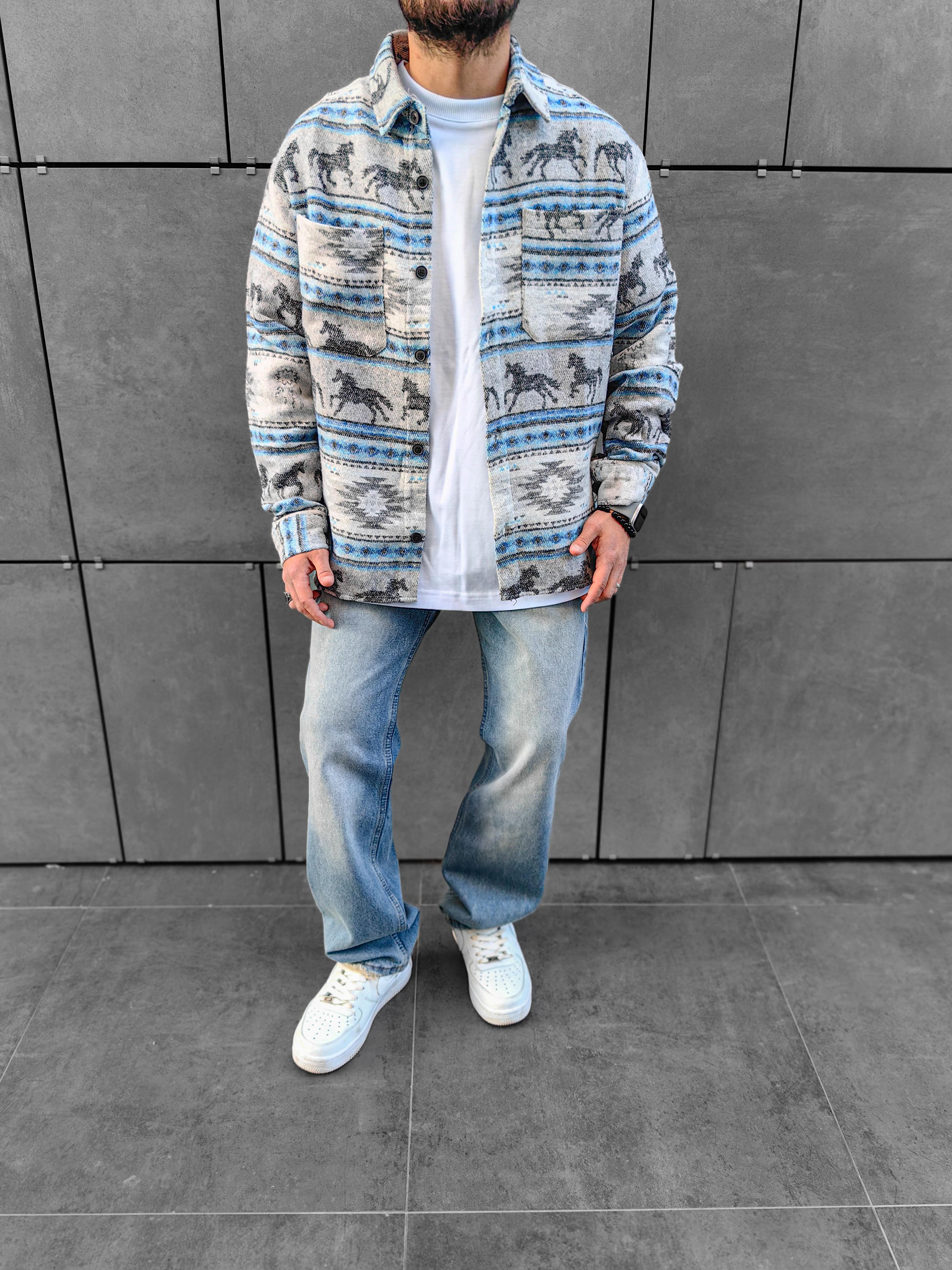 Babyblue / Gray Oversize Oduncu Gömleği (Premium Kalite)