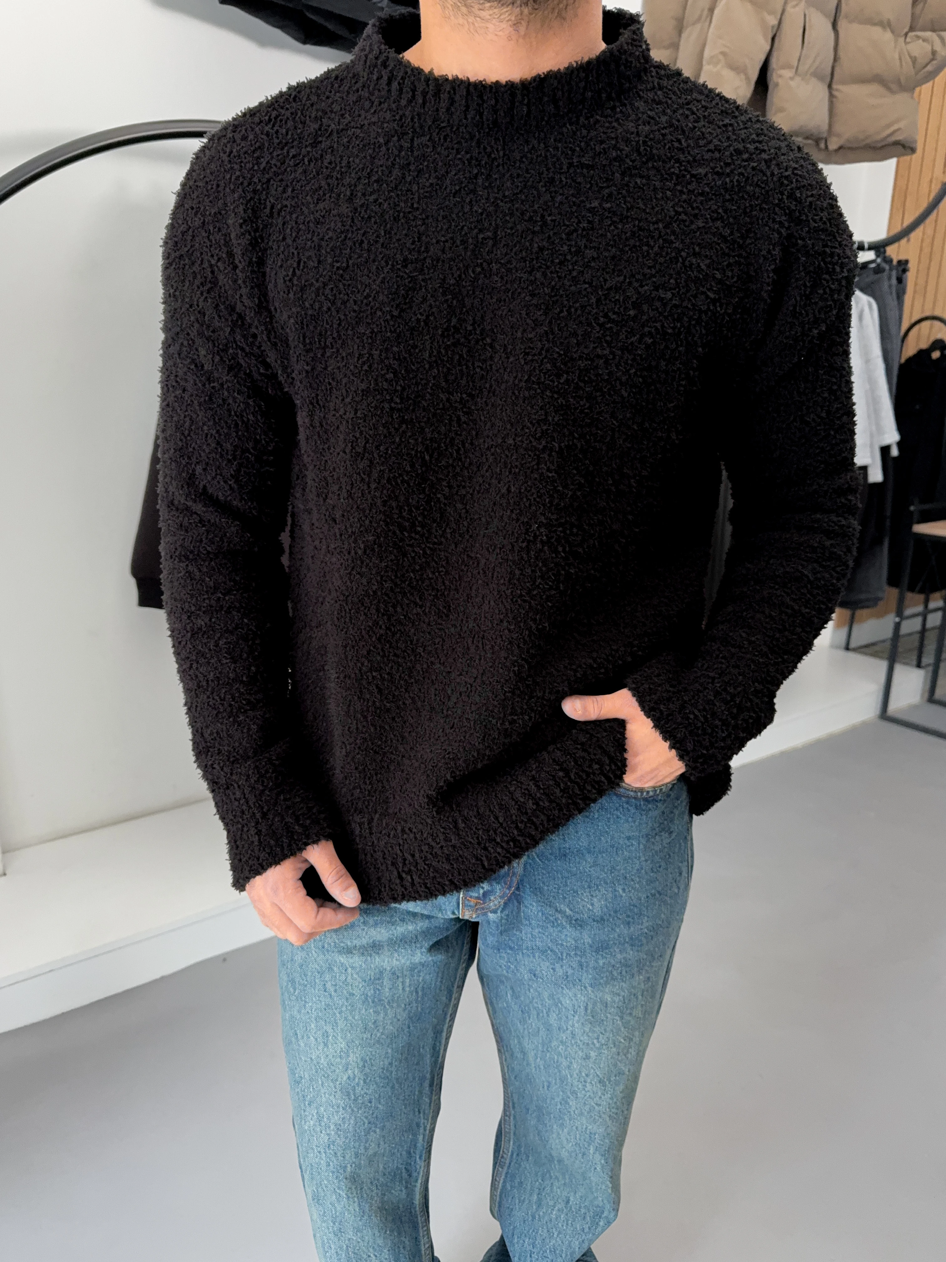 Siyah Peluş Oversize Triko