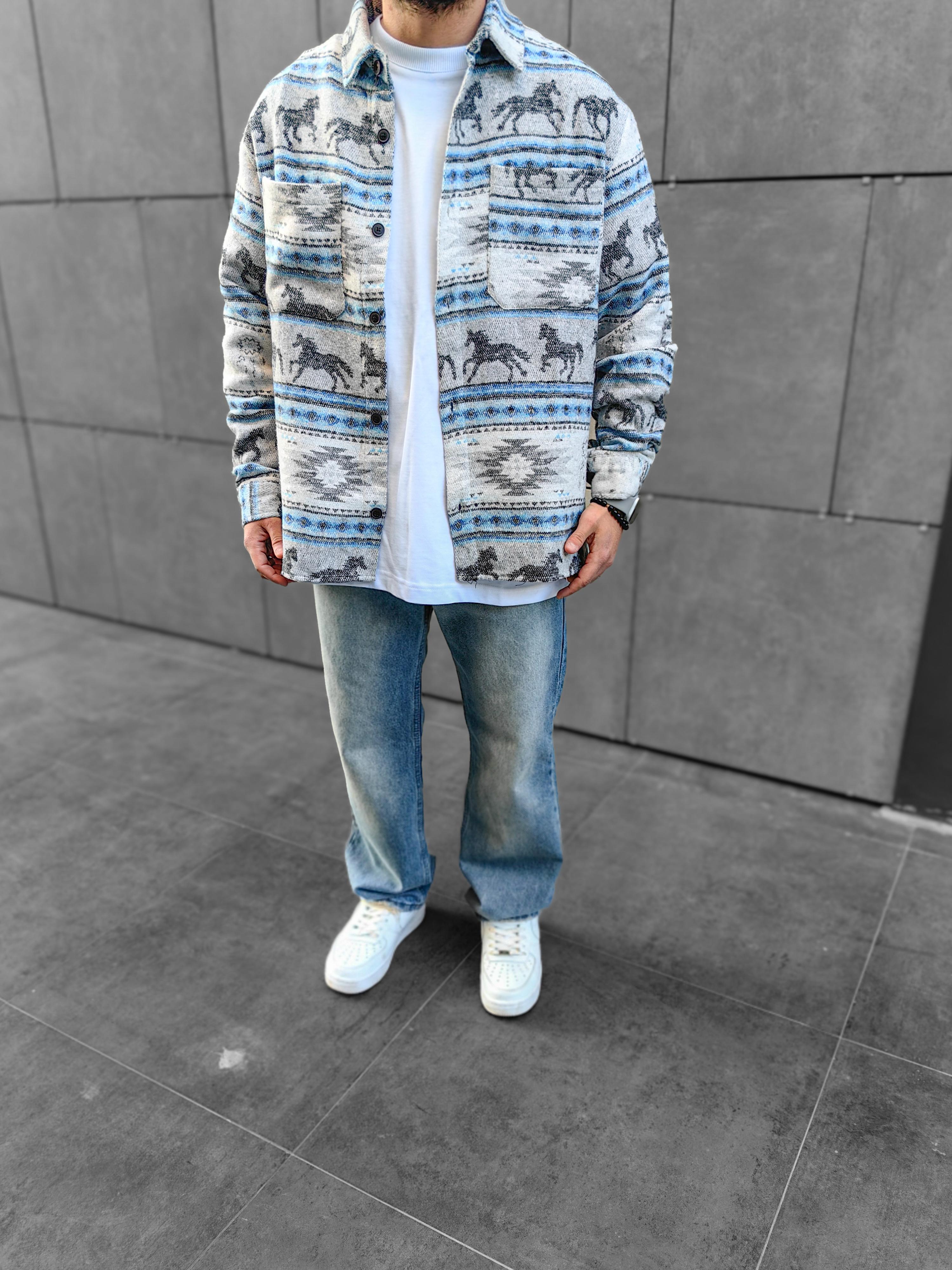 Babyblue / Gray Oversize Oduncu Gömleği (Premium Kalite)