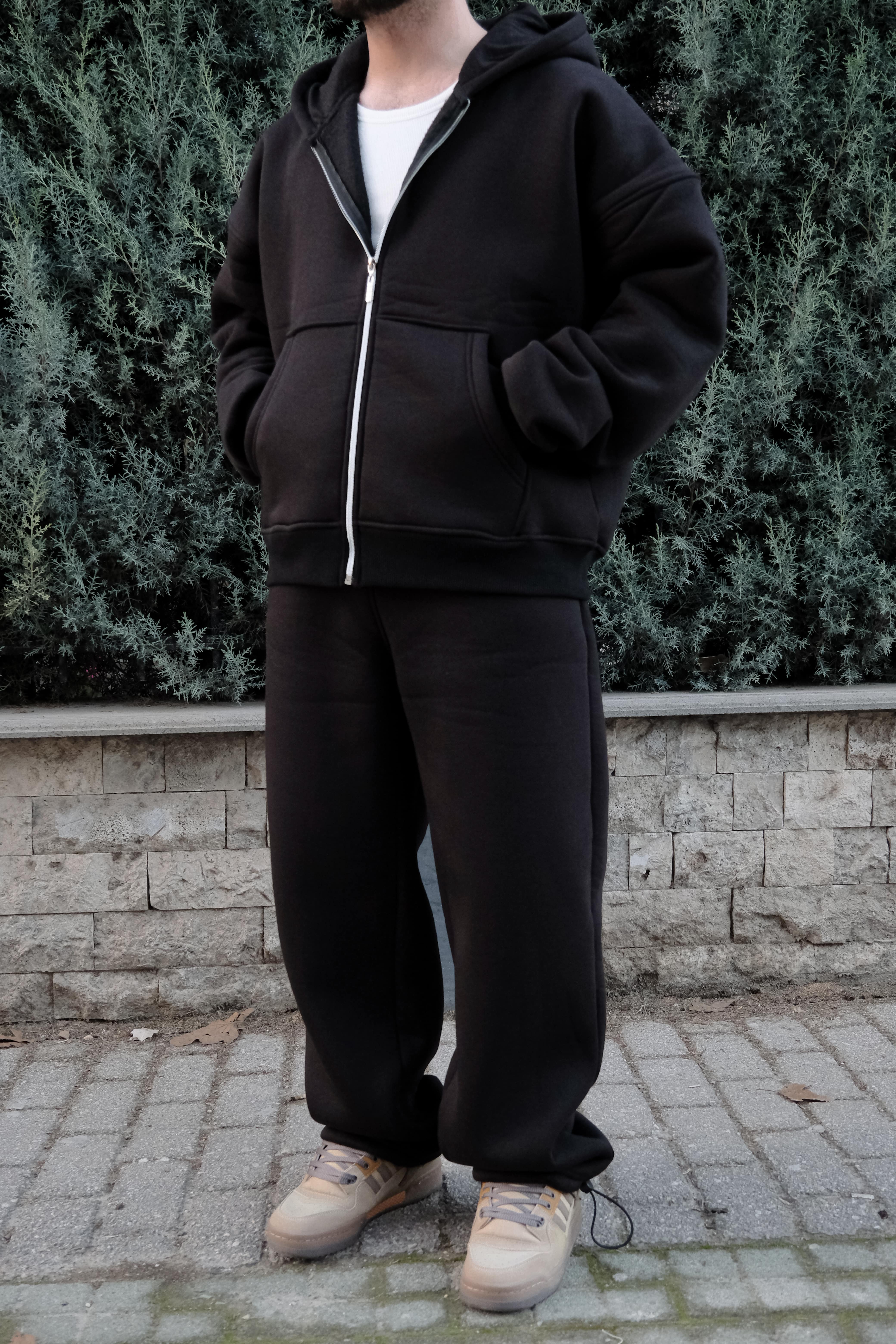 Boxy Fit Oversize Siyah Basic Ful Zip Hoodie 