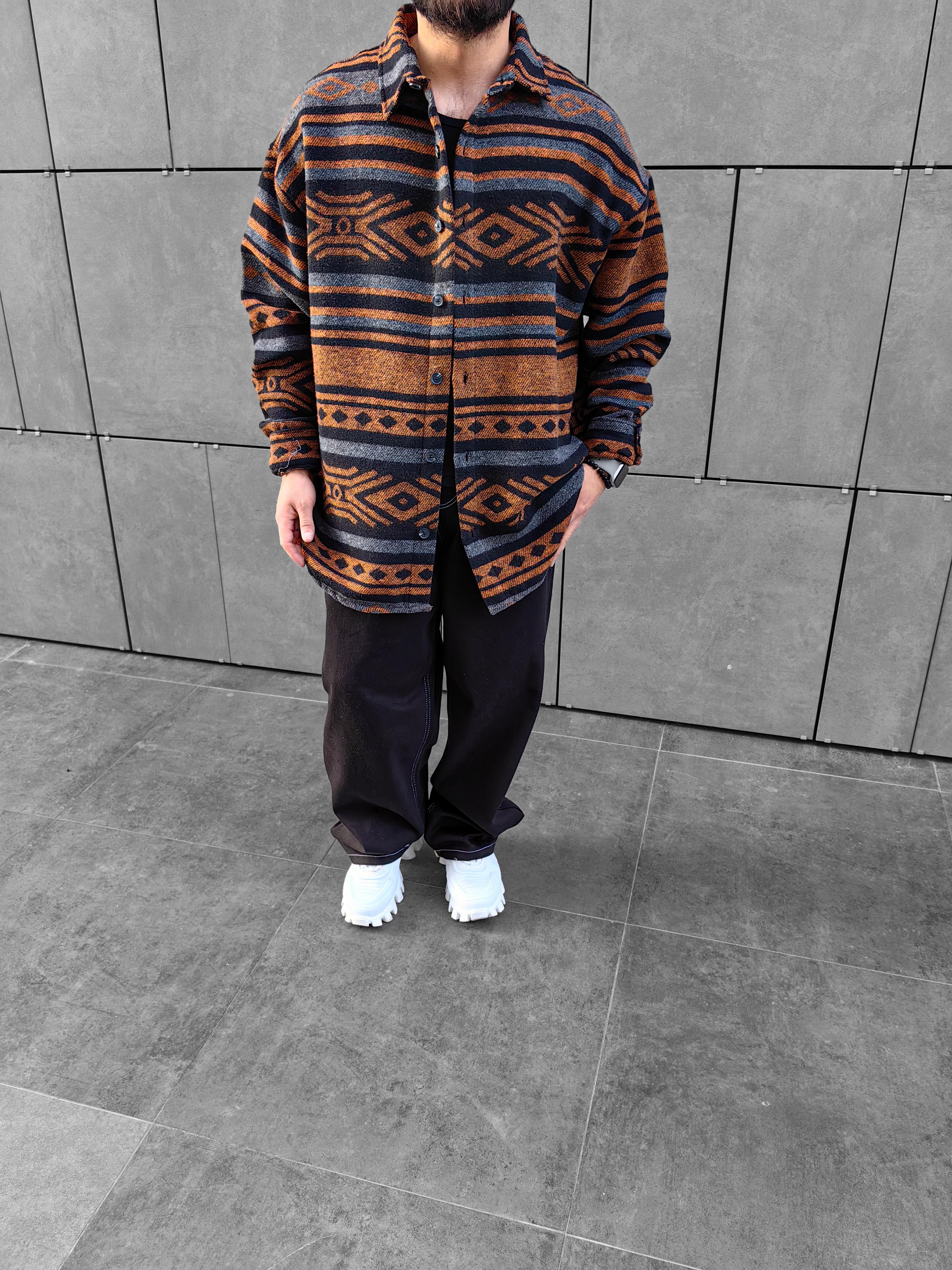 Kahverengi Desenli Extra Oversize Kaşe Gömlek
