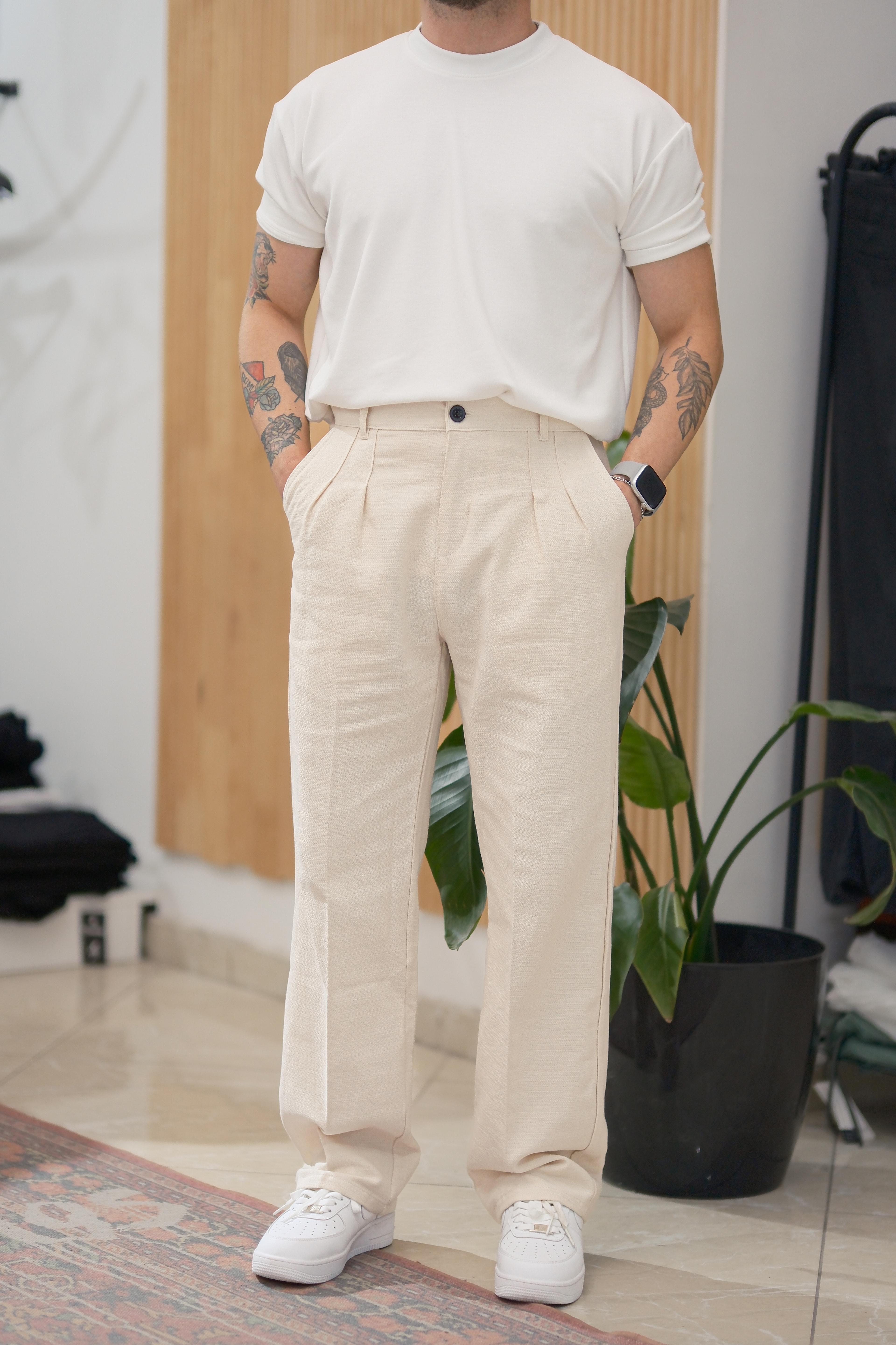 Bej Baggy Keten Pantolon 