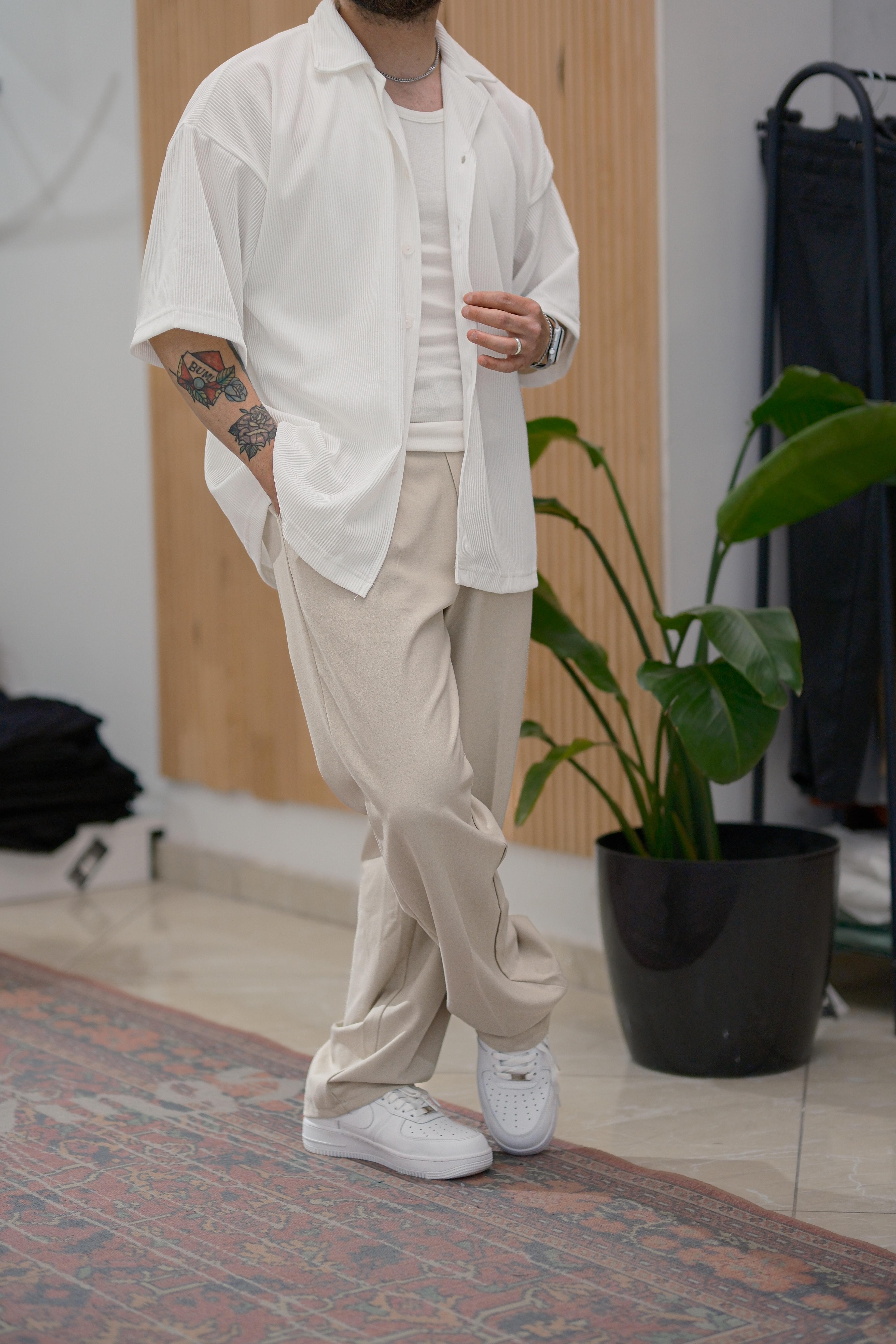 Beyaz Fitilli Extra Oversize Old Money Gömlek 