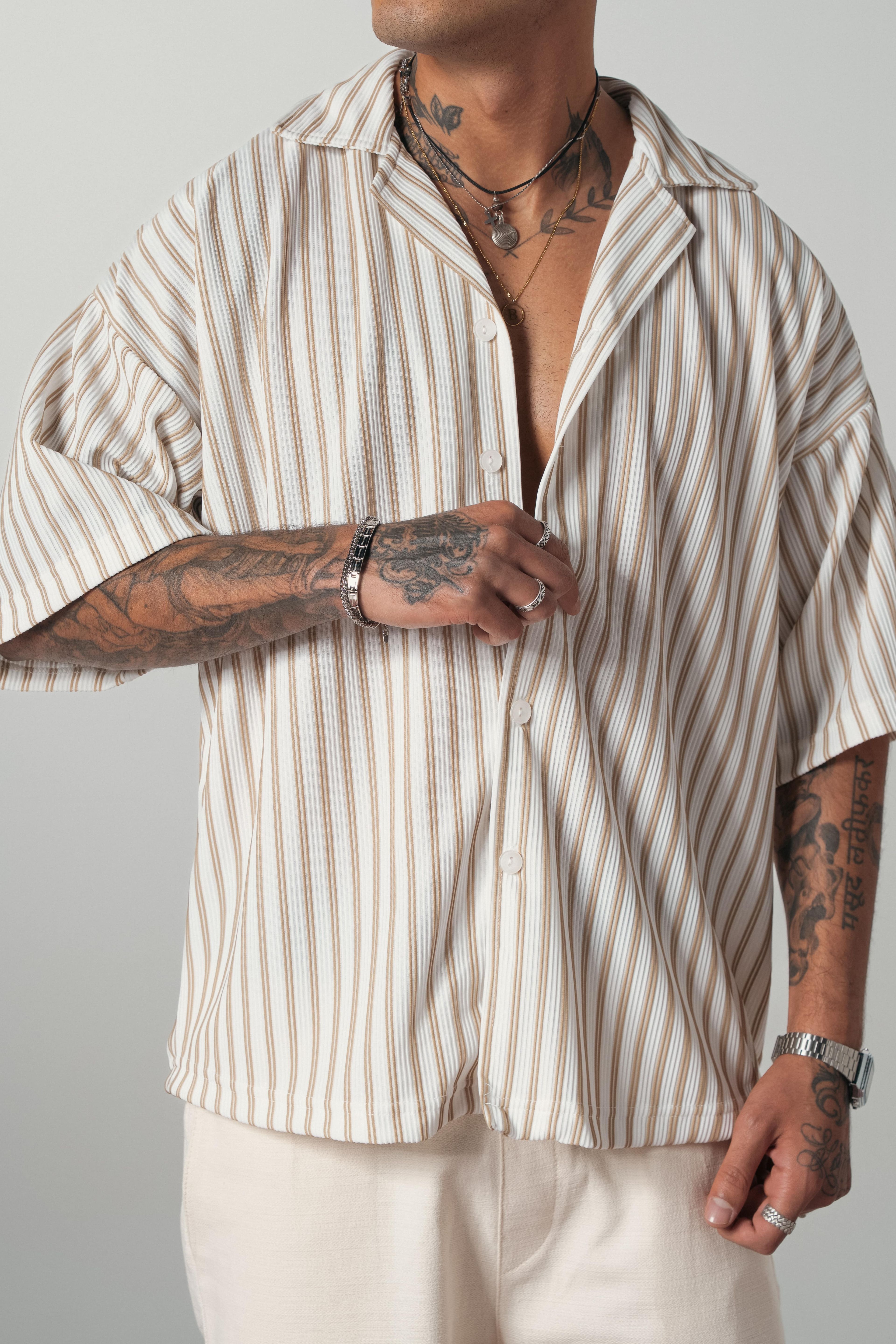 Bej/Beyaz Çizgili Extra Oversize Old Money Fitilli Gömlek