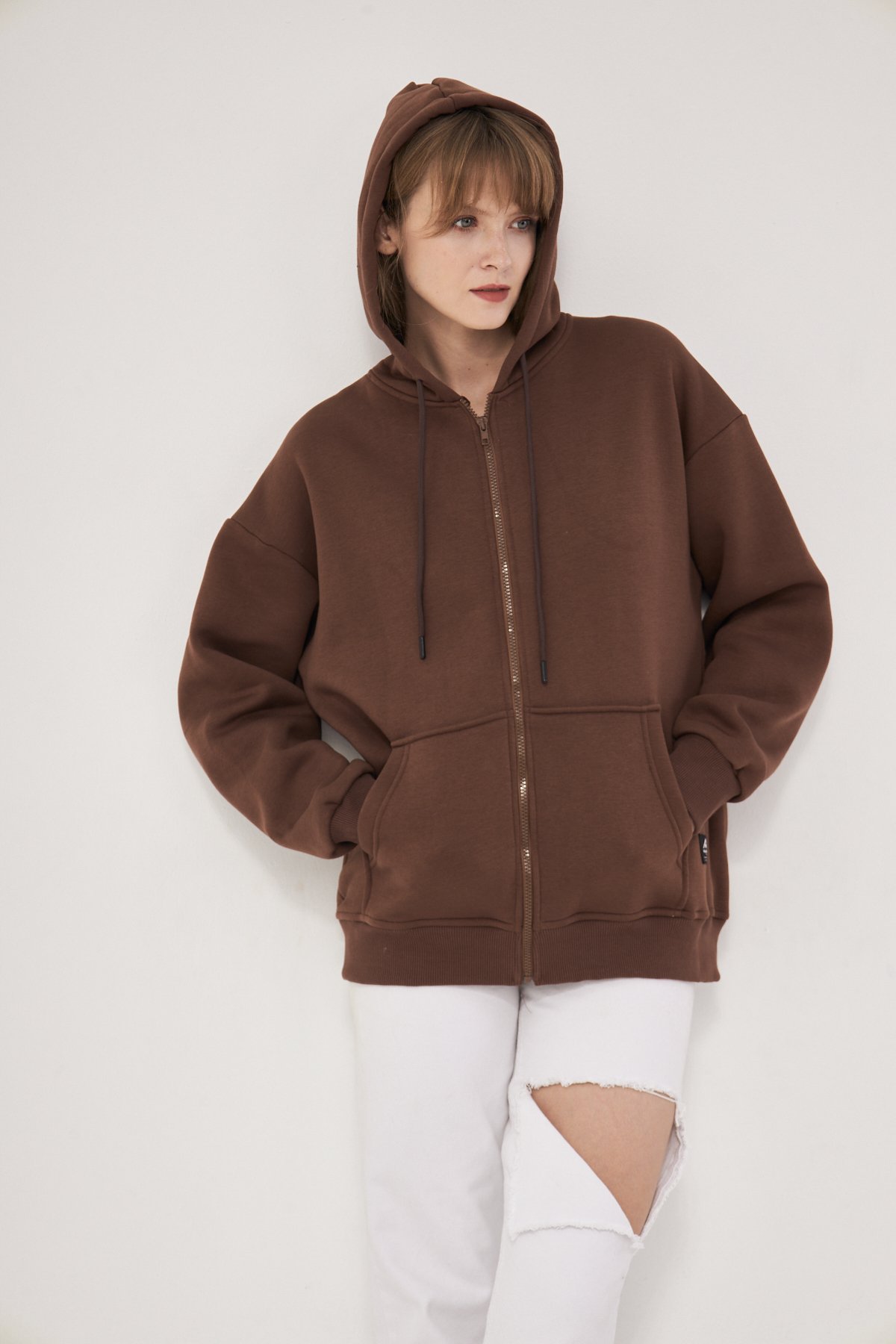 MAK Oversize Unisex Fermuarlı Hoodie - Şardonlu - Kahve Rengi