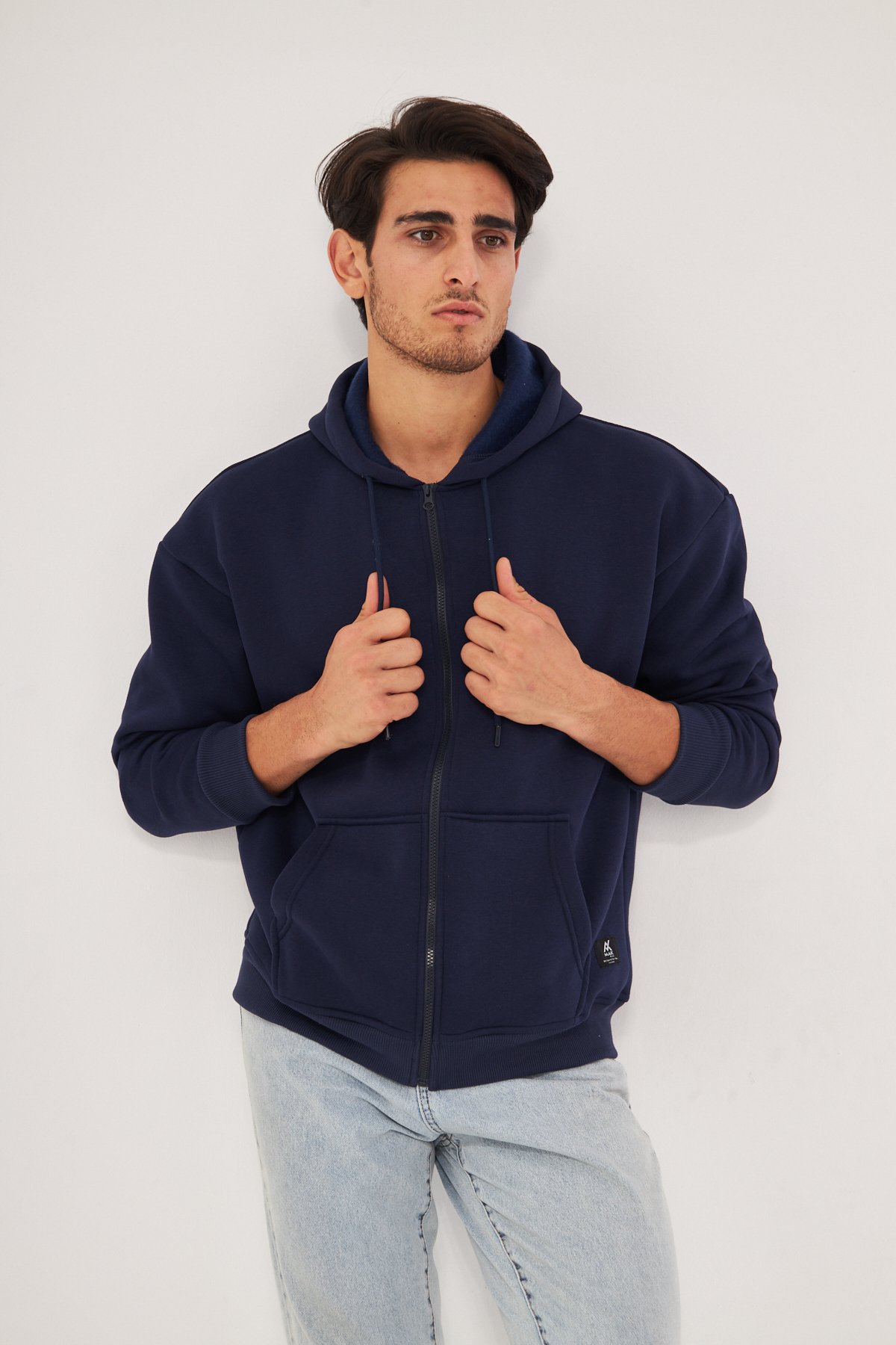 MAK Oversize Unisex Fermuarlı Hoodie - Şardonlu - Lacivert