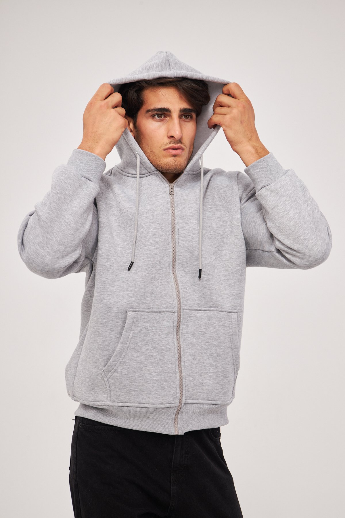 MAK Oversize Unisex Fermuarlı Hoodie - Şardonlu - Gri