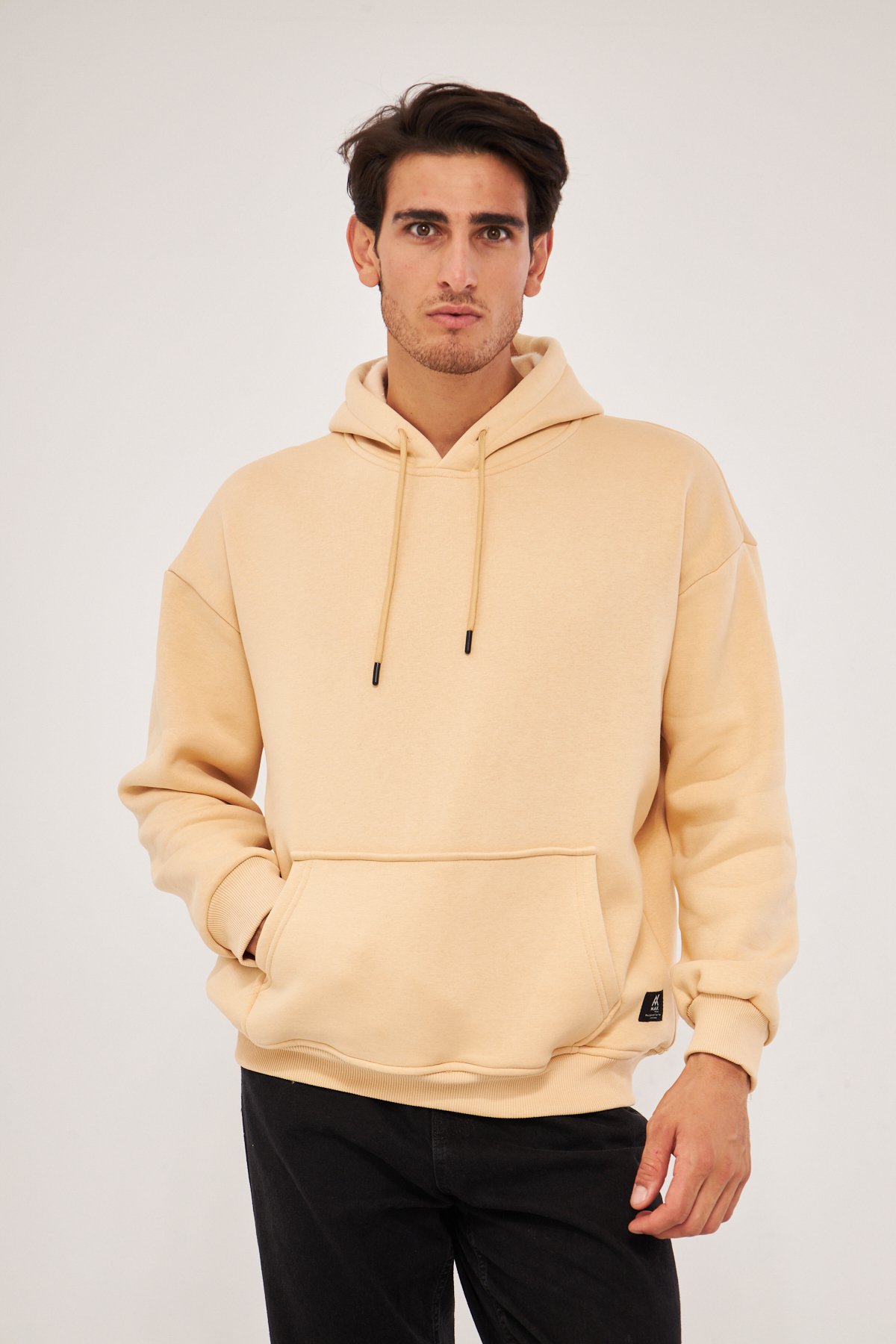 MAK Oversize Unisex Hoodie - Şardonlu - Krem (Bej Rengi)