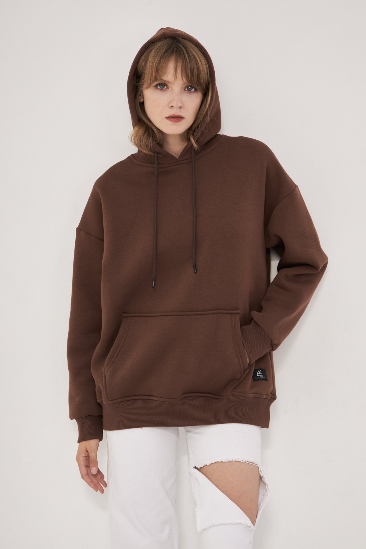 MAK Oversize Unisex Hoodie - Şardonlu - Kahve Rengi