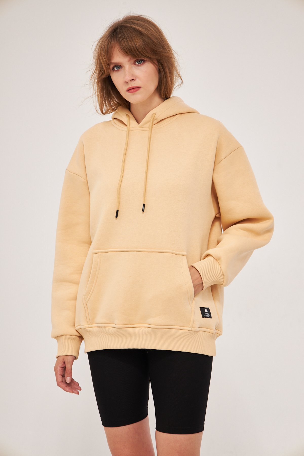 MAK Oversize Unisex Hoodie - Şardonlu - Krem (Bej Rengi)