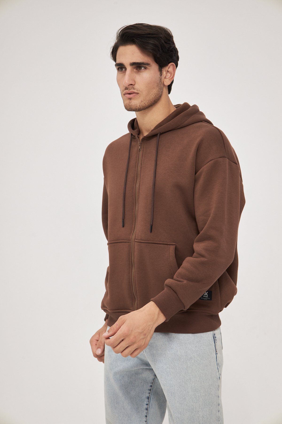 MAK Oversize Unisex Fermuarlı Hoodie - Şardonlu - Kahve Rengi