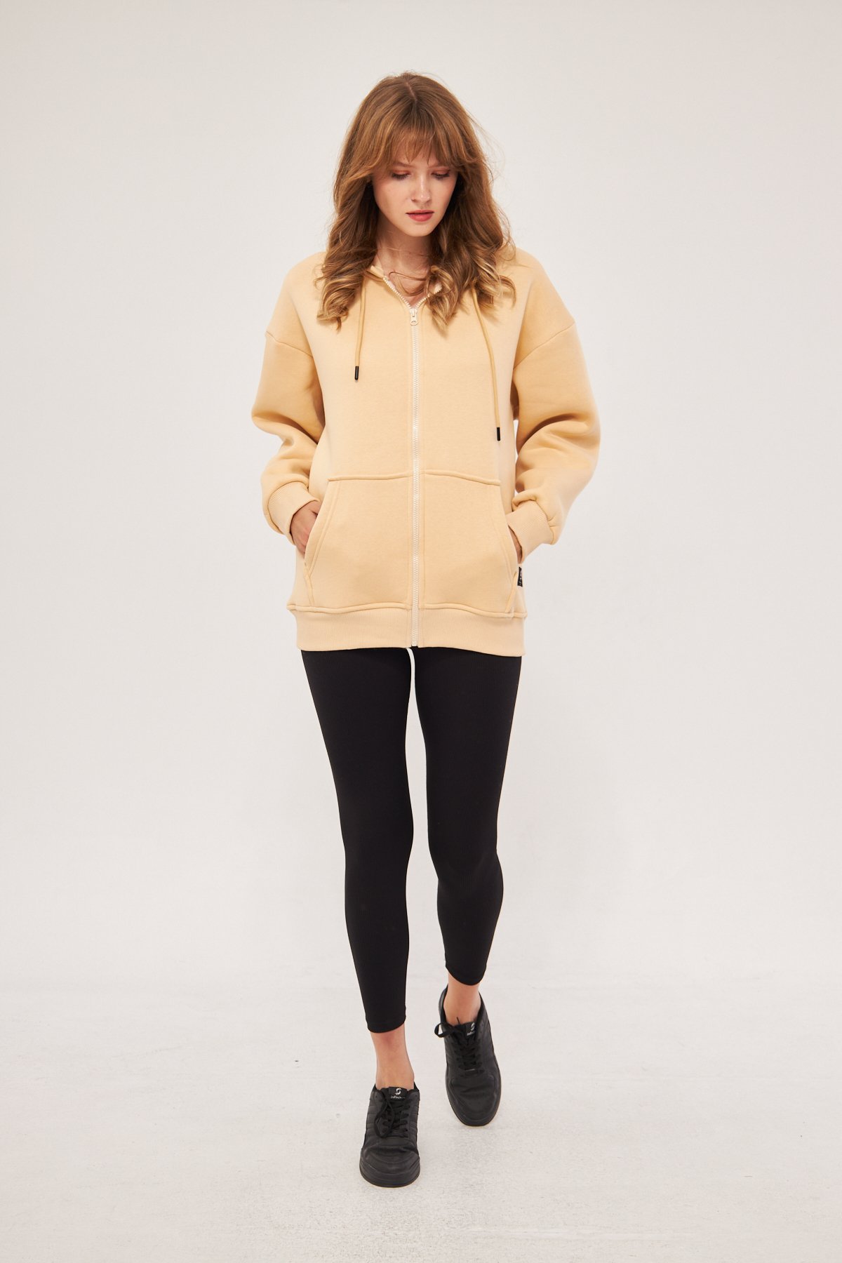 MAK Oversize Unisex Fermuarlı Hoodie - Şardonlu - Krem (Bej Rengi)