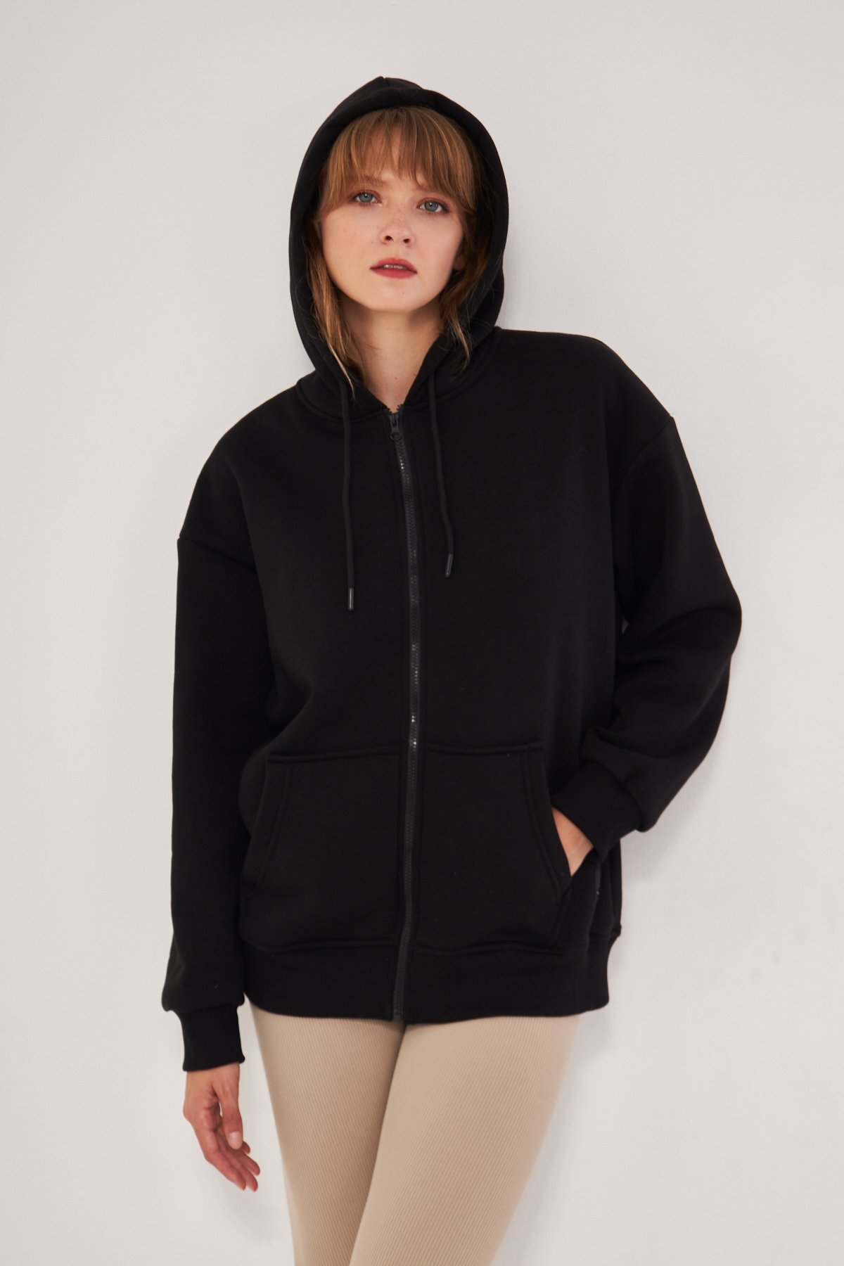 MAK Oversize Unisex Fermuarlı Hoodie - Şardonlu