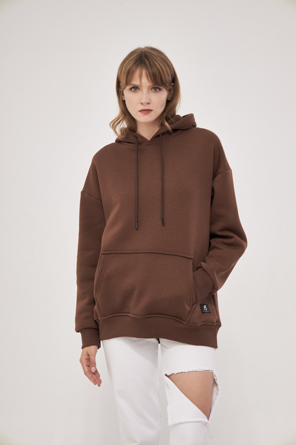 MAK Oversize Unisex Hoodie - Şardonlu - Kahve Rengi