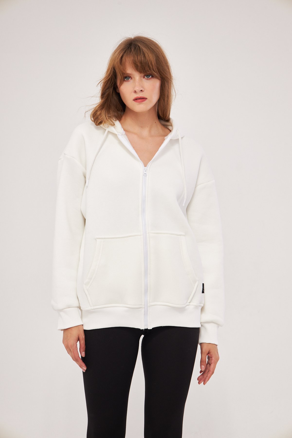 MAK Oversize Unisex Fermuarlı Hoodie - Şardonlu - Beyaz