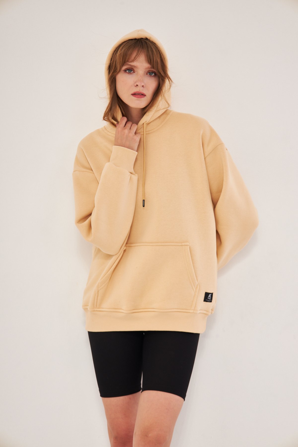 MAK Oversize Unisex Hoodie - Şardonlu - Krem (Bej Rengi)