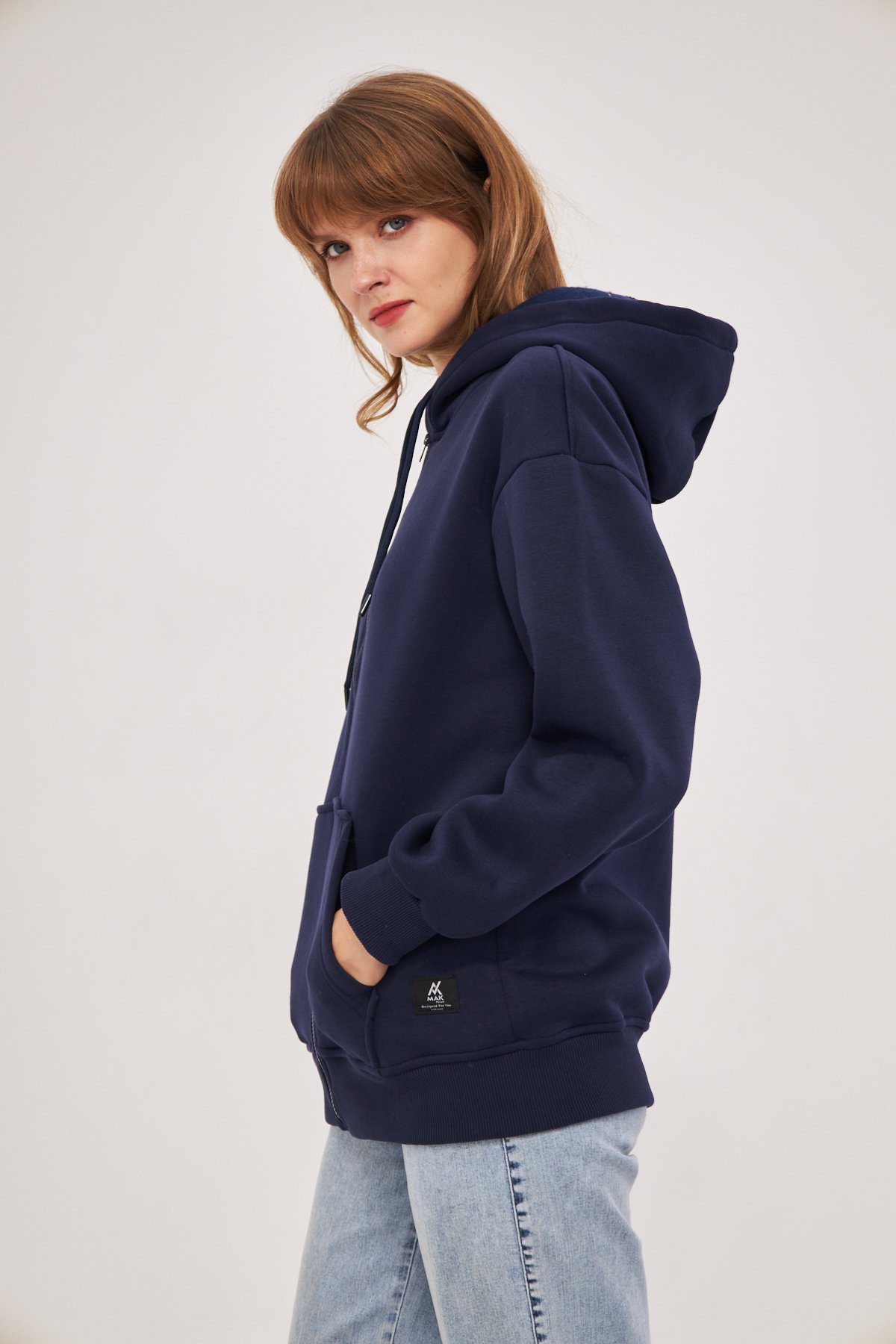 MAK Oversize Unisex Fermuarlı Hoodie - Şardonlu - Lacivert