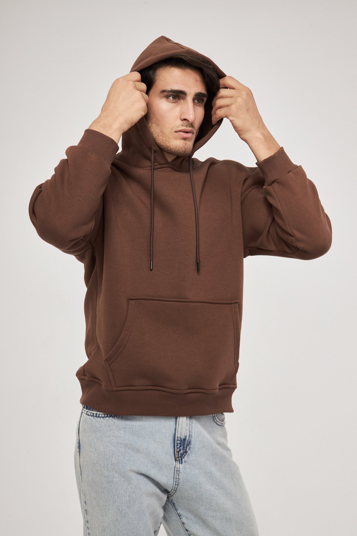 MAK Oversize Unisex Hoodie - Şardonlu - Kahve Rengi