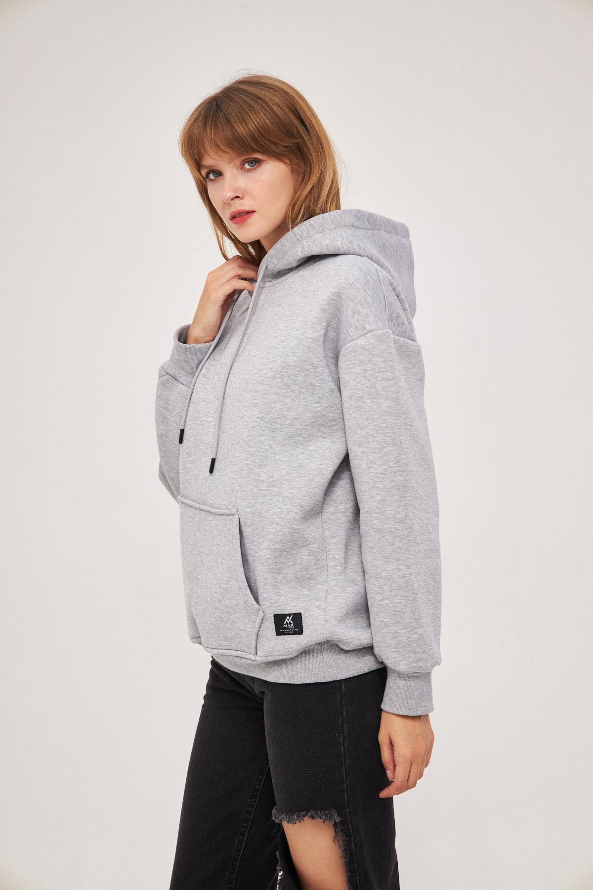 MAK Oversize Unisex Hoodie - Şardonlu - Gri