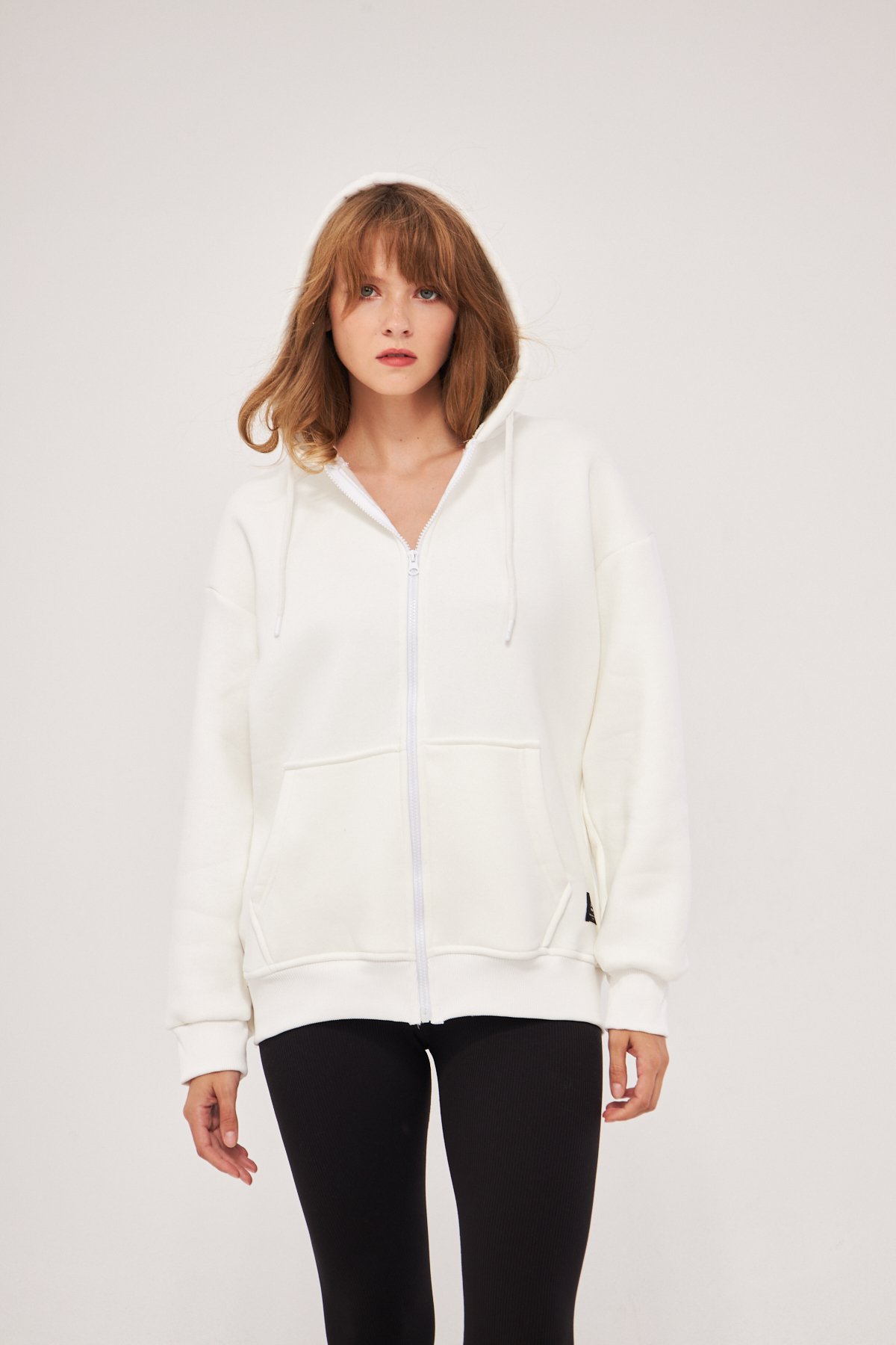 MAK Oversize Unisex Fermuarlı Hoodie - Şardonlu - Beyaz