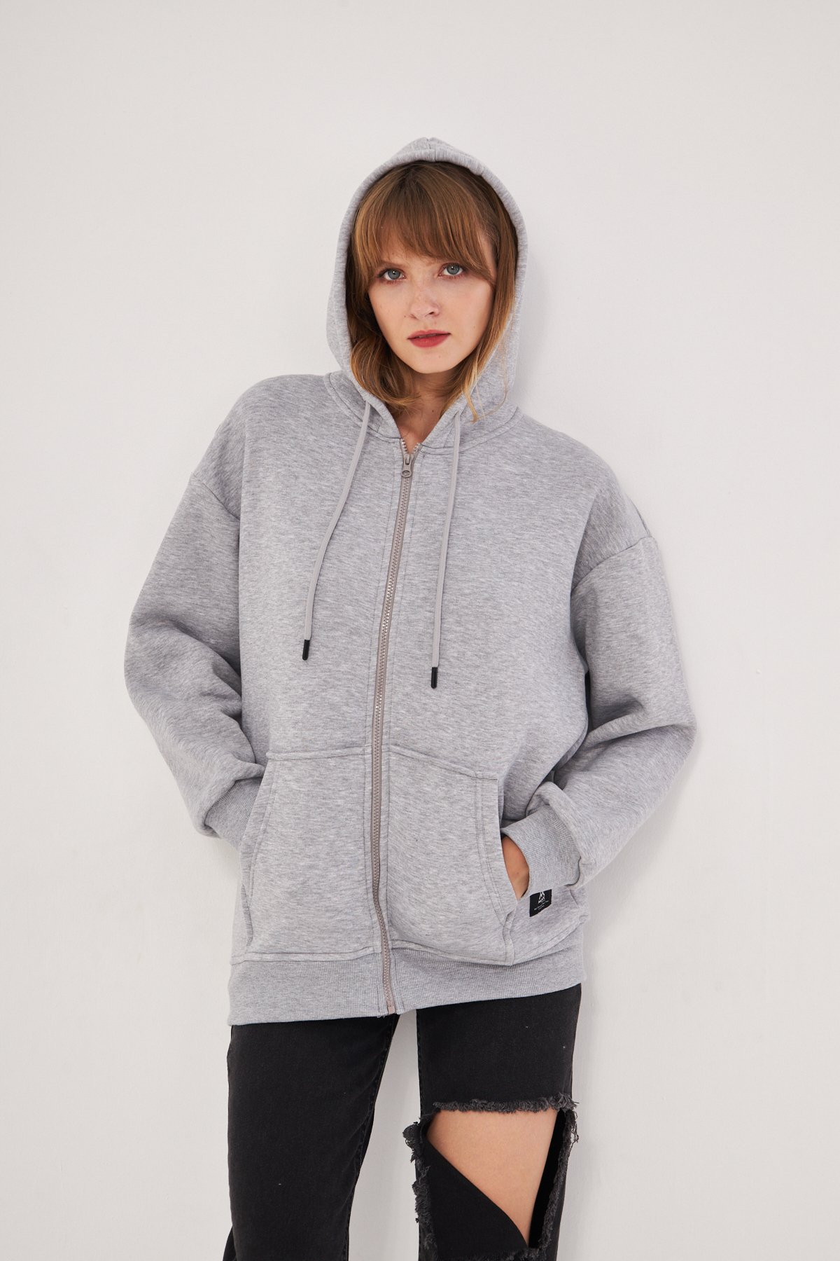 MAK Oversize Unisex Fermuarlı Hoodie - Şardonlu - Gri