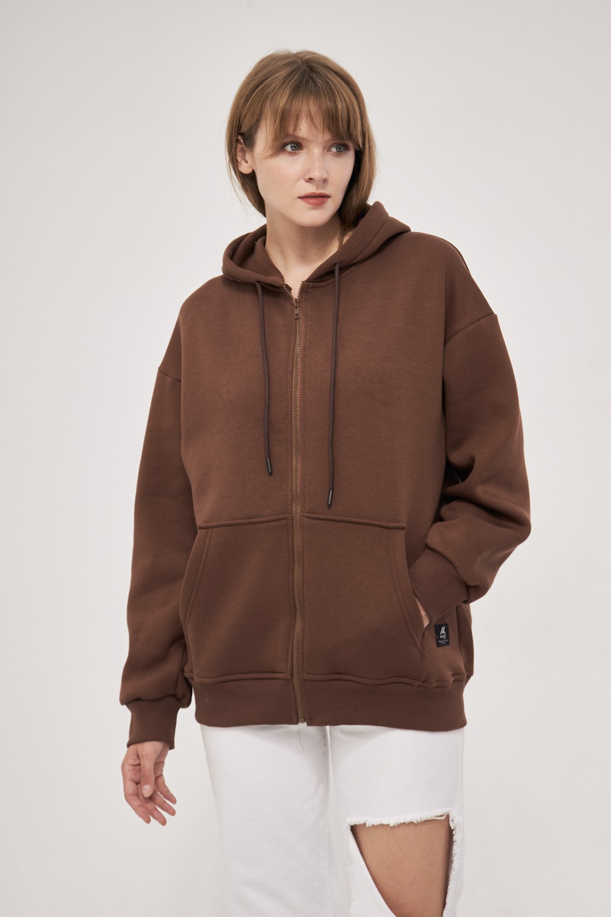 MAK Oversize Unisex Fermuarlı Hoodie - Şardonlu - Kahve Rengi