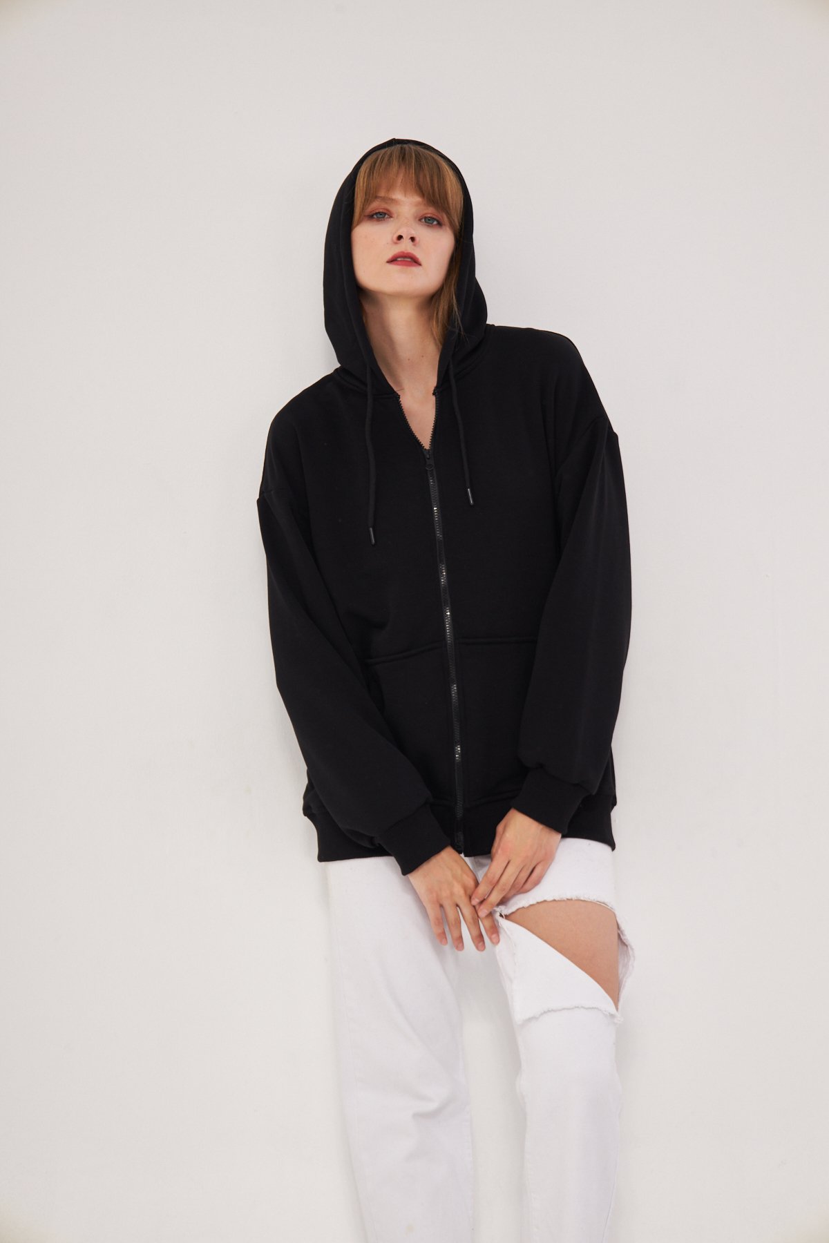 MAK Oversize Unisex Fermuarlı Hoodie - Şardonsuz