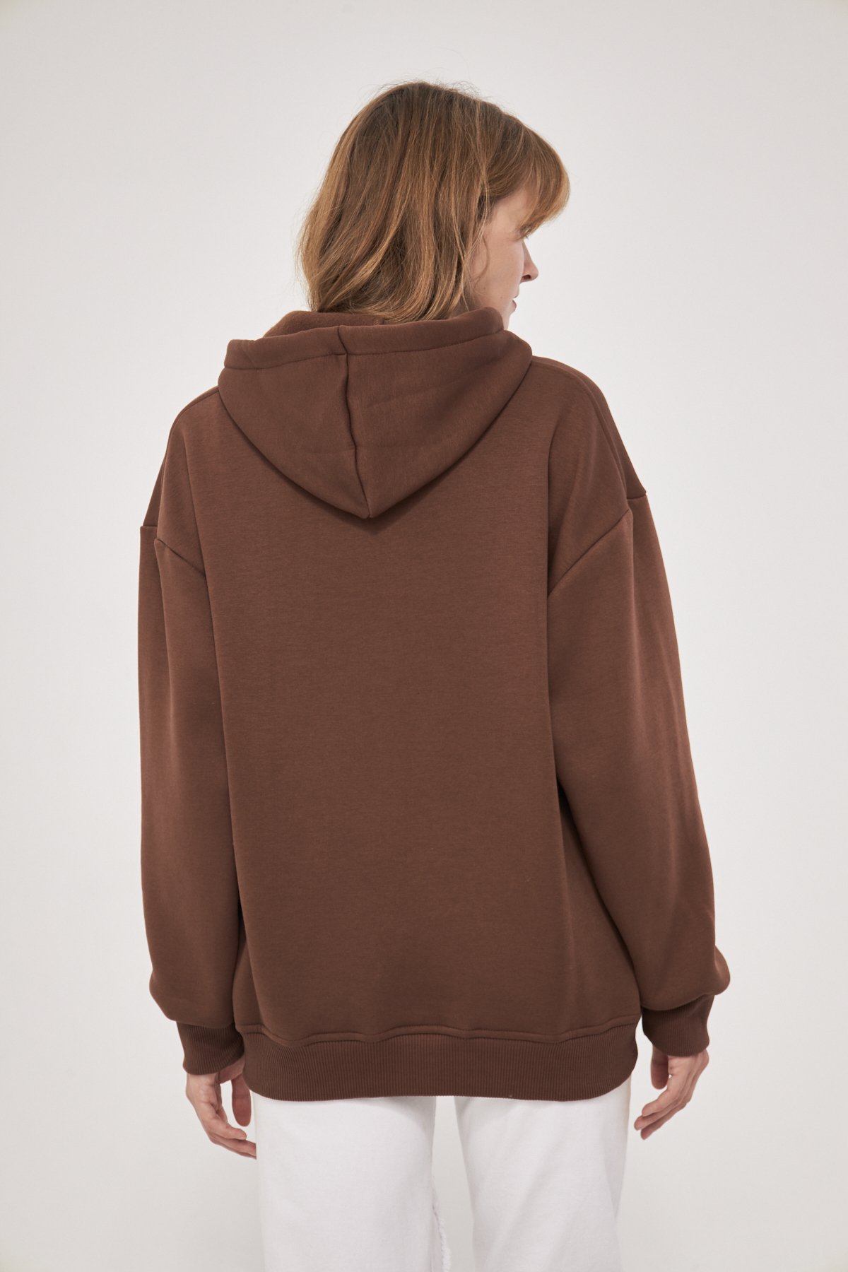 MAK Oversize Unisex Fermuarlı Hoodie - Şardonlu - Kahve Rengi