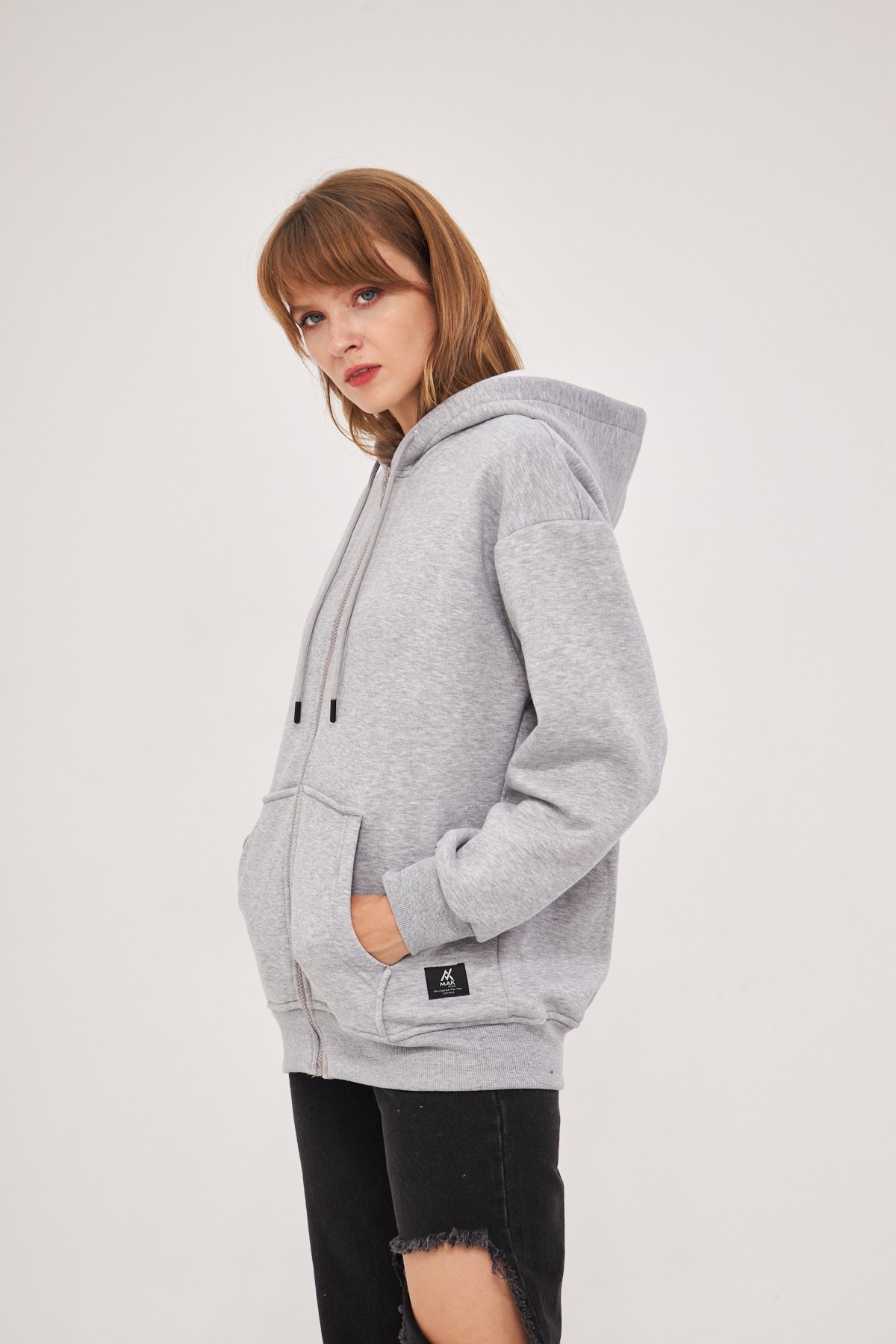 MAK Oversize Unisex Fermuarlı Hoodie - Şardonlu - Gri