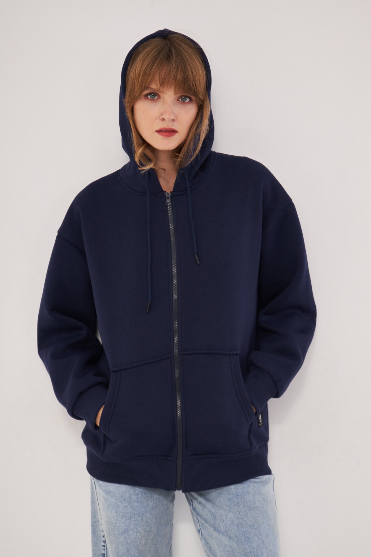 MAK Oversize Unisex Fermuarlı Hoodie - Şardonlu - Lacivert