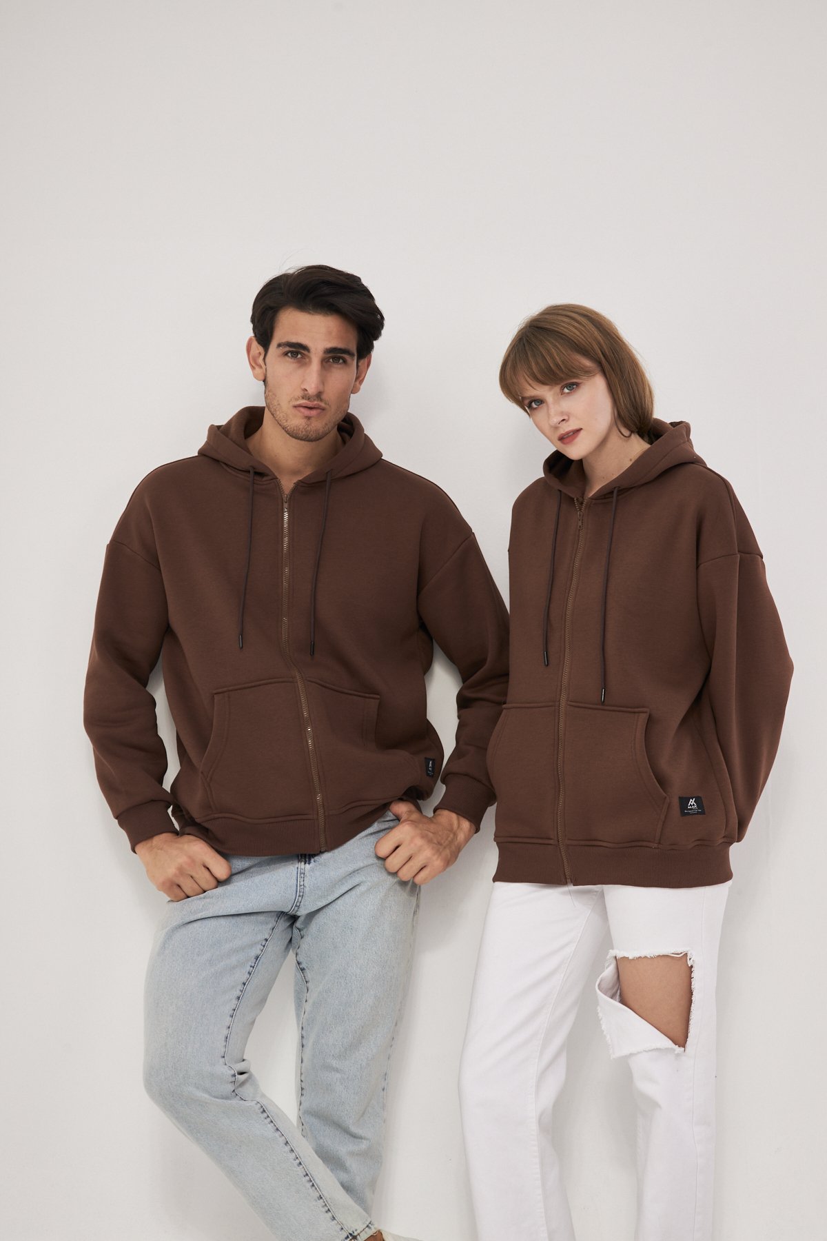 MAK Oversize Unisex Fermuarlı Hoodie - Şardonlu - Kahve Rengi