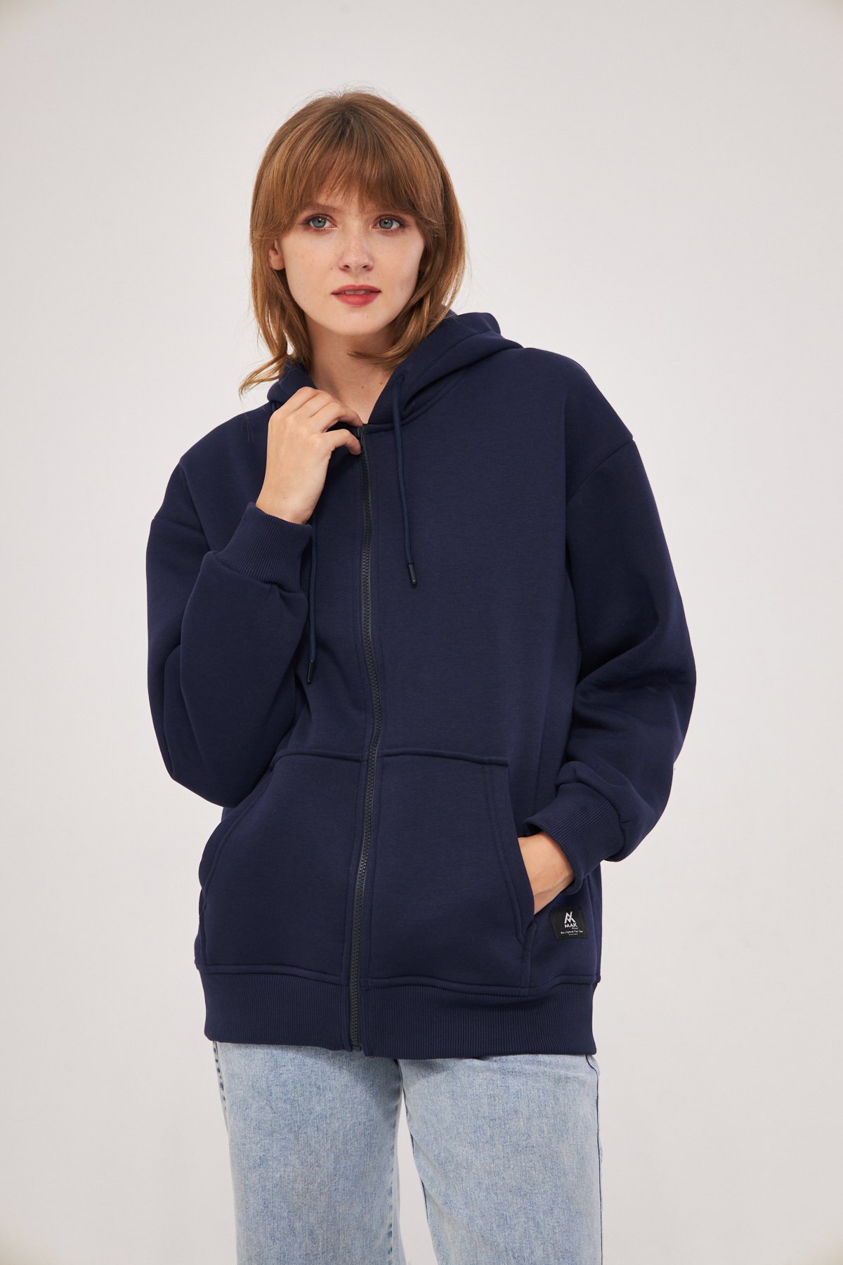 MAK Oversize Unisex Fermuarlı Hoodie - Şardonlu - Lacivert