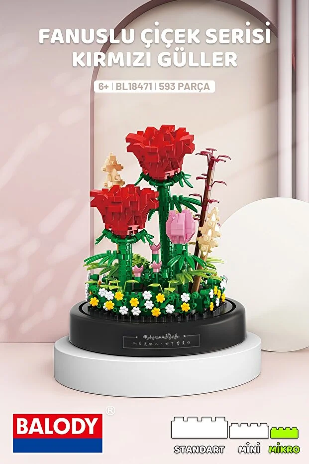 RubikUP - Fanuslu Lego Çiçek - Kırmızı Gül