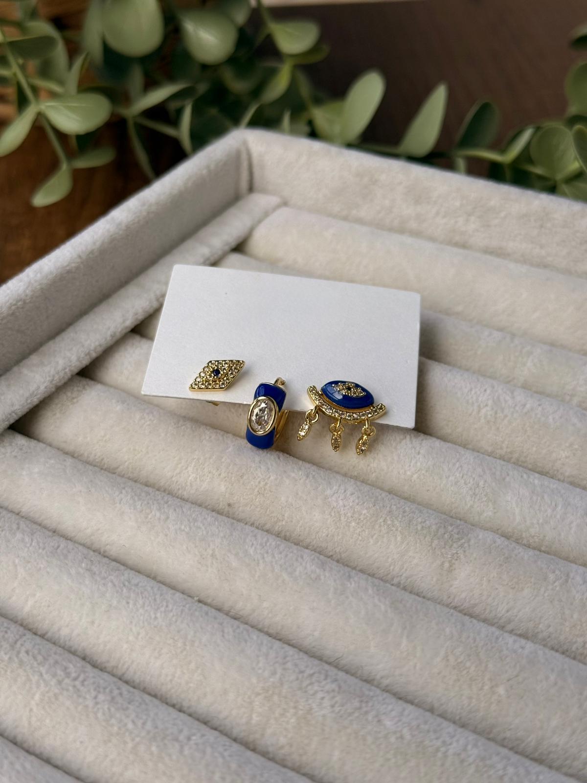 Zirkon Taşlı Göz Detay 3'lü Gold Küpe 1291