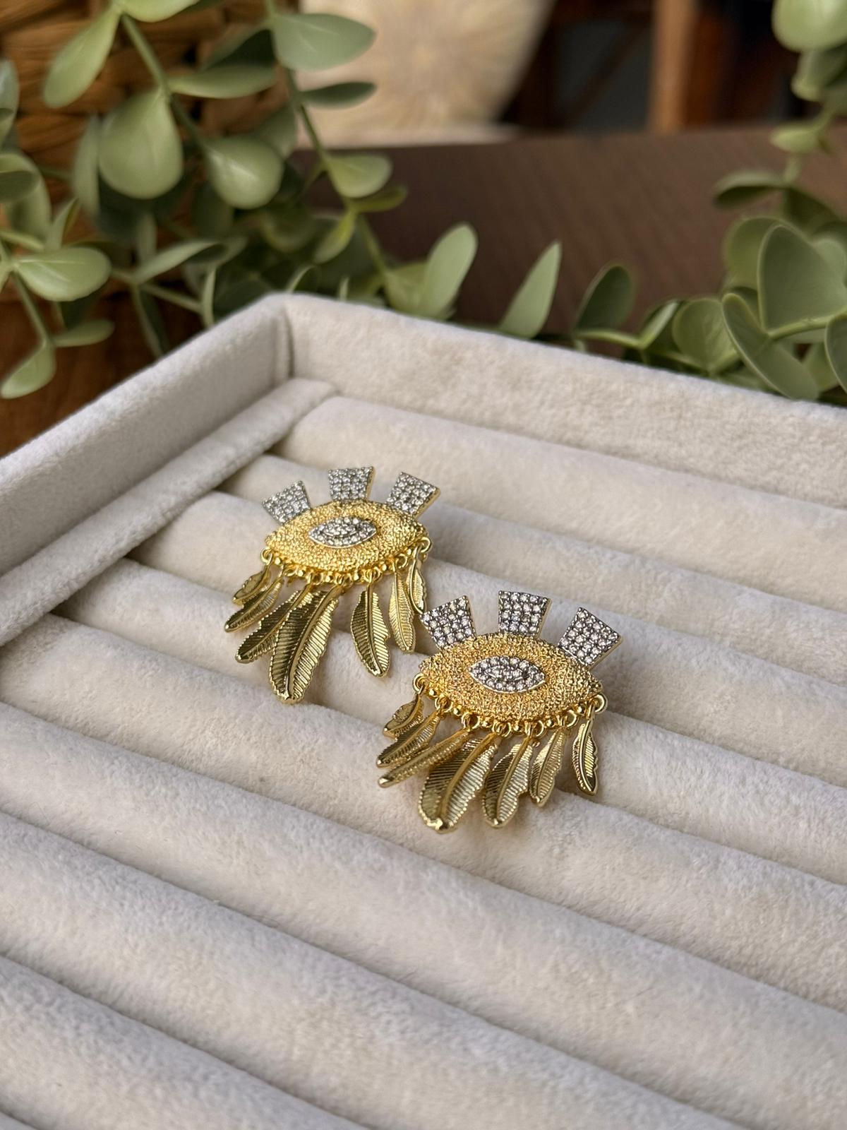 Zirkon Taşlı Yaprak Sallantılı Çift Renk Özel Tasarım Küpe 1296