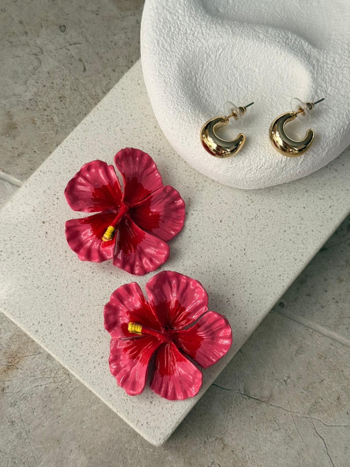 Pembe Çiçek Küpe Gold Halka Küpe 1067