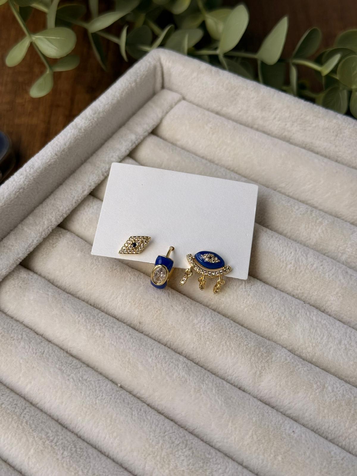 Zirkon Taşlı Göz Detay 3'lü Gold Küpe 1291