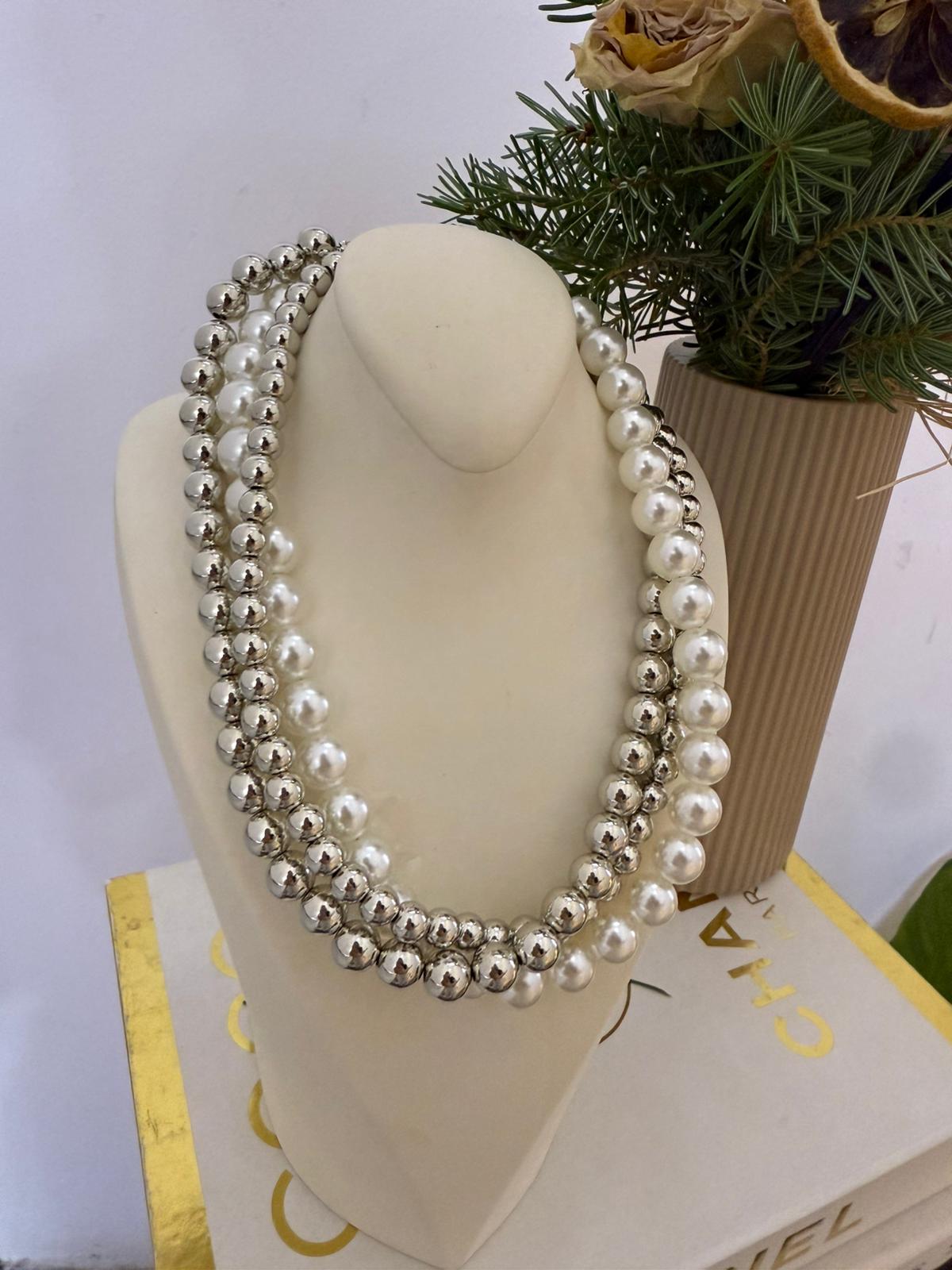 Silver İnci Detay Çoklu Boncuk Kolye 1254