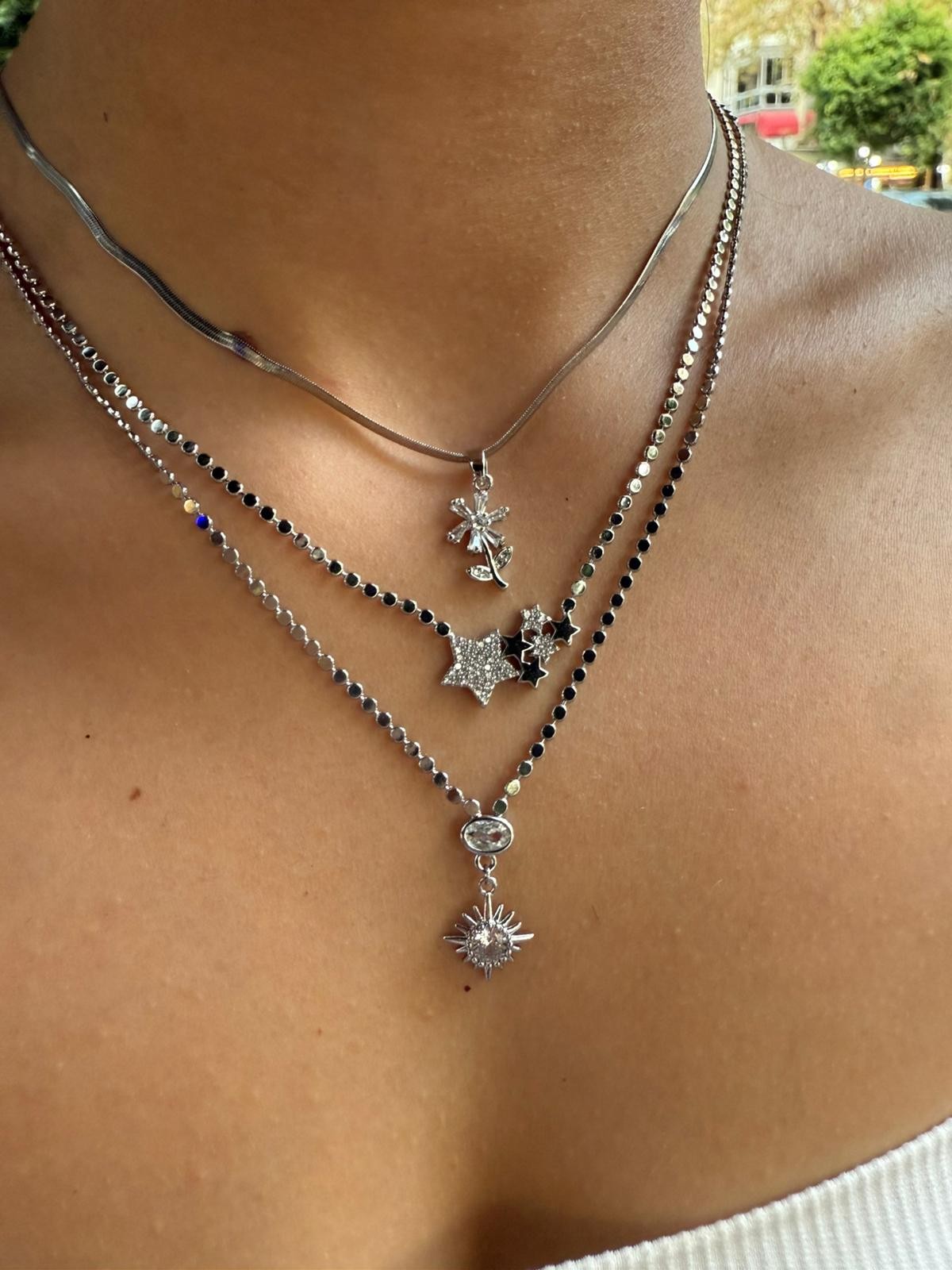 Shela Kombin Silver Ezme Zincir Yıldız Ve Güneş Çiçek Çelik Kolye 912