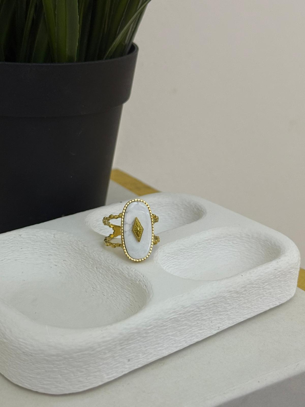 Sedef Taşlı Ayarlanabilir Beyaz Çelik Yüzük 1124