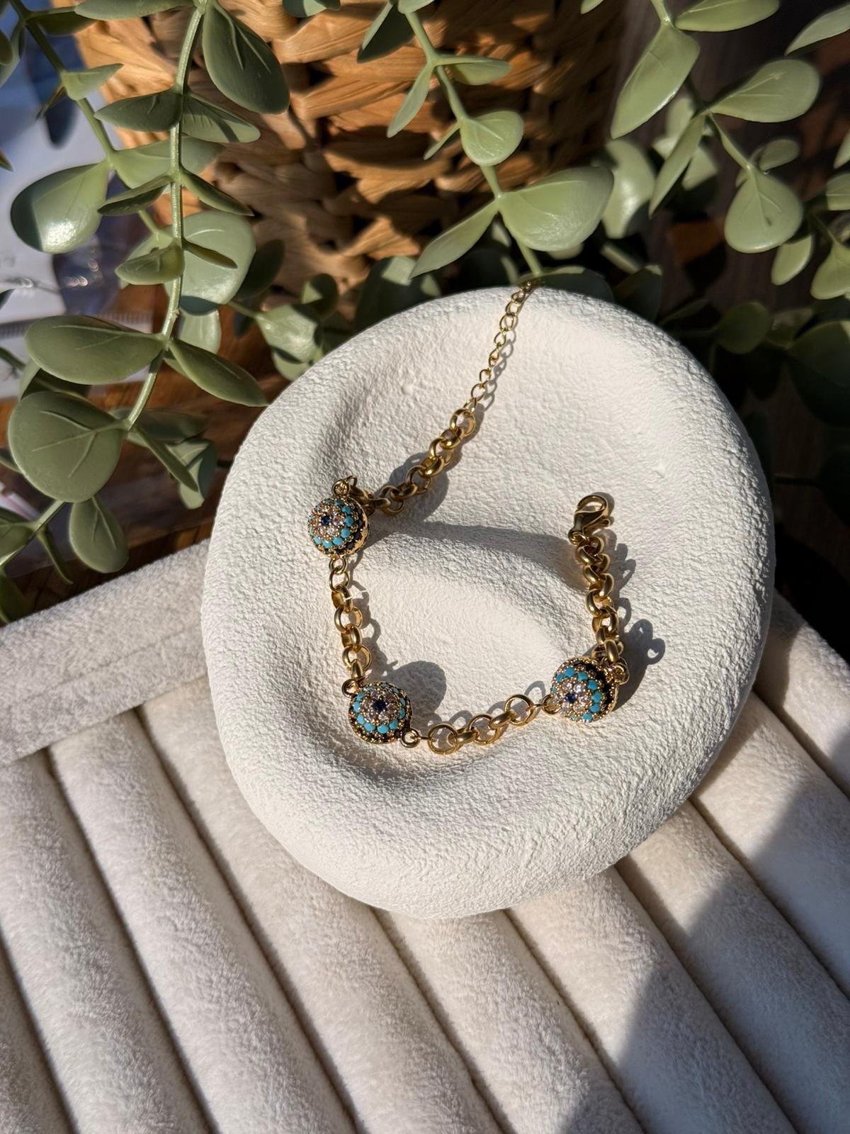 Çelik Zirkon Taşlı  Üçlü Nazar Boncuklu Bileklik 1331