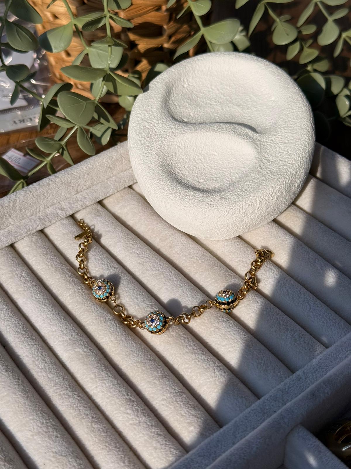 Çelik Zirkon Taşlı  Üçlü Nazar Boncuklu Bileklik 1331