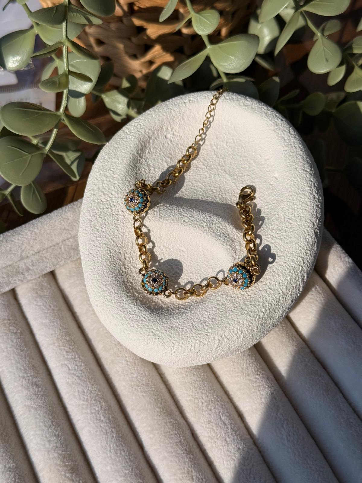 Çelik Zirkon Taşlı  Üçlü Nazar Boncuklu Bileklik 1331