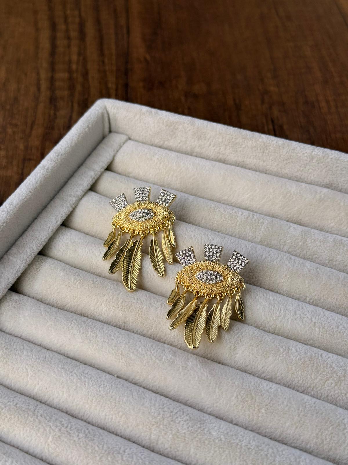 Zirkon Taşlı Yaprak Sallantılı Çift Renk Özel Tasarım Küpe 1296