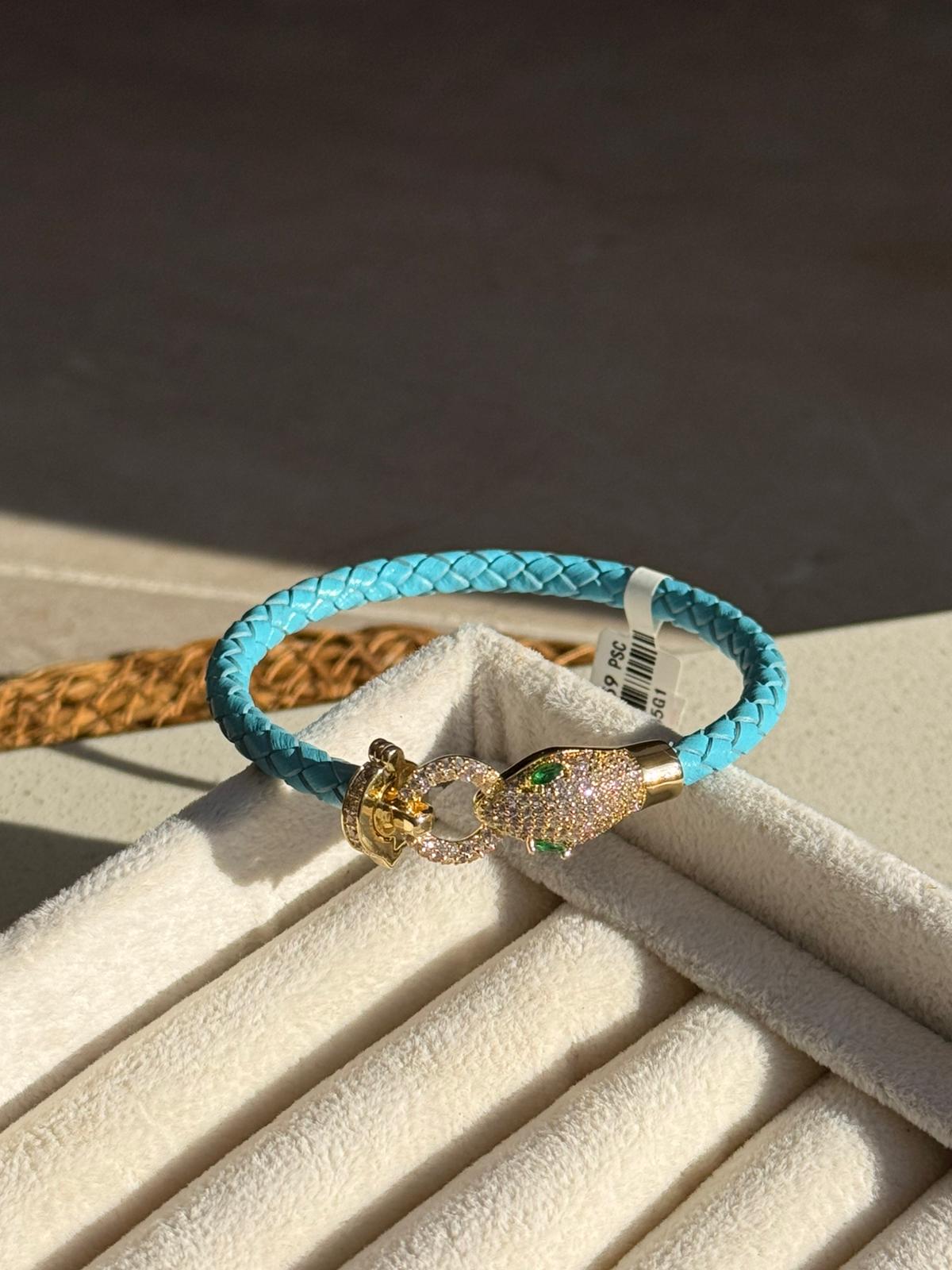 Özel Seri Zirkon Taşlı Yılan Mavi Deri Bileklik 1109