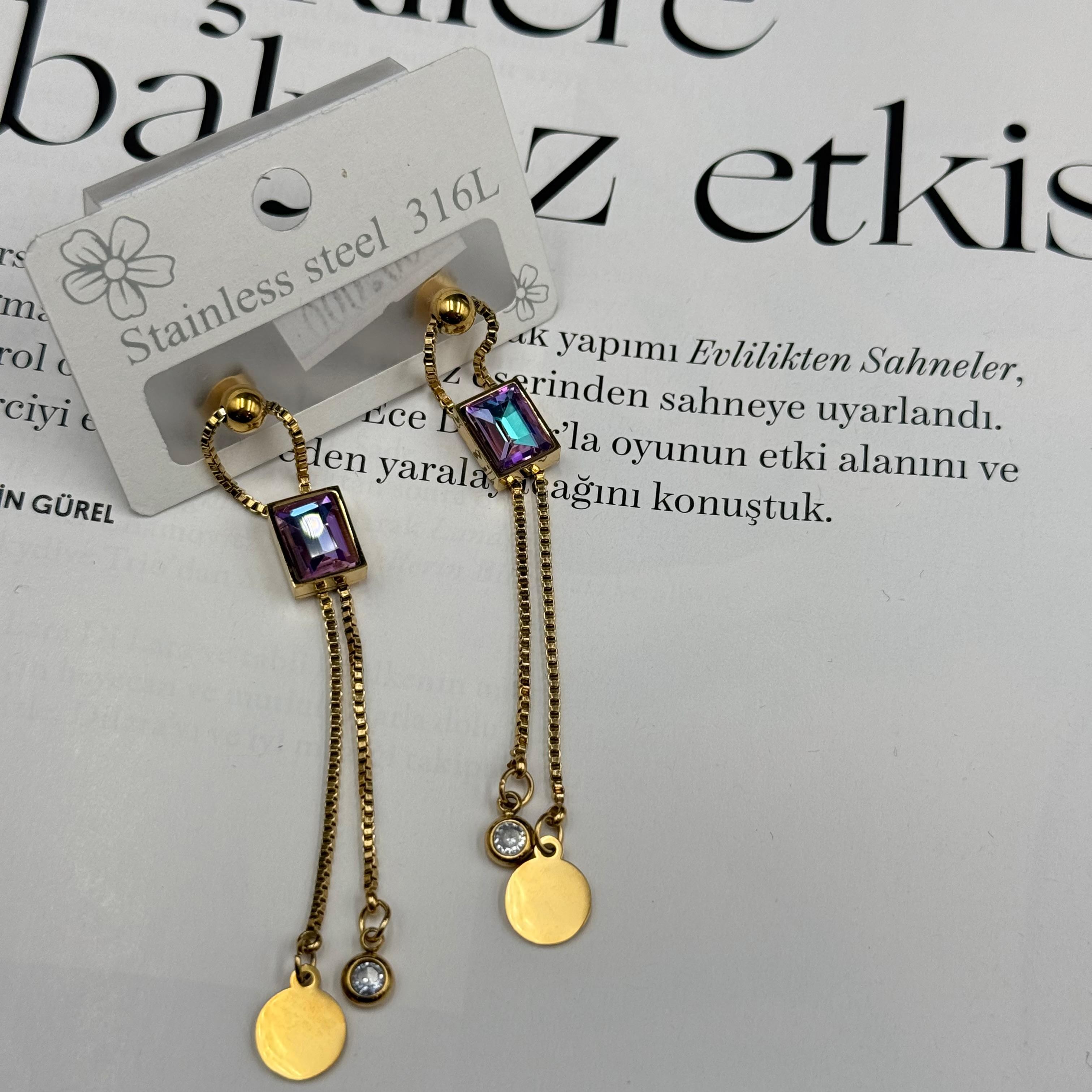 Çelik Sallantılı Mor Taşlı Küpe 372