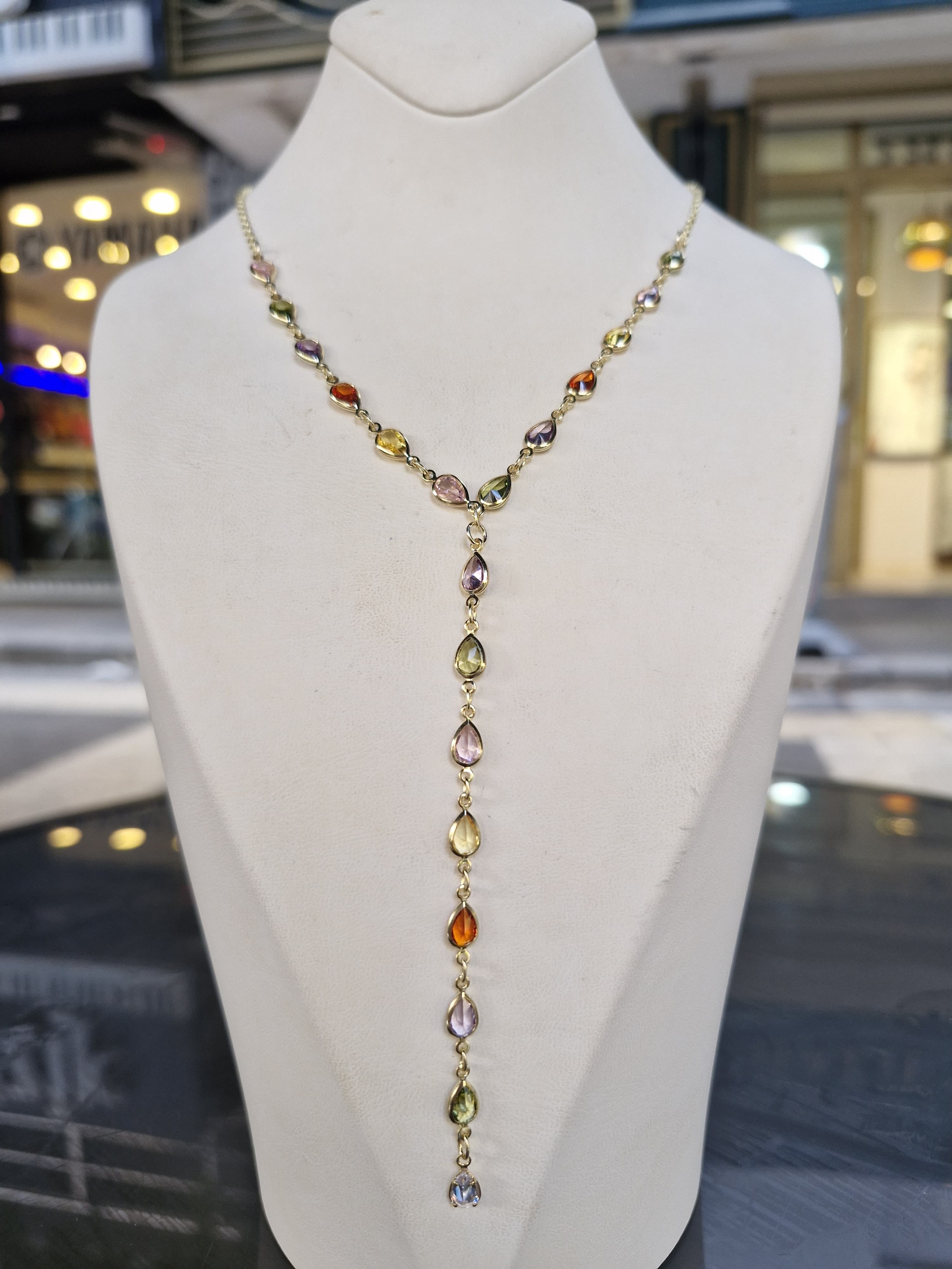 Gold Damla Model Renkli Taşlı  Y Kolye 846